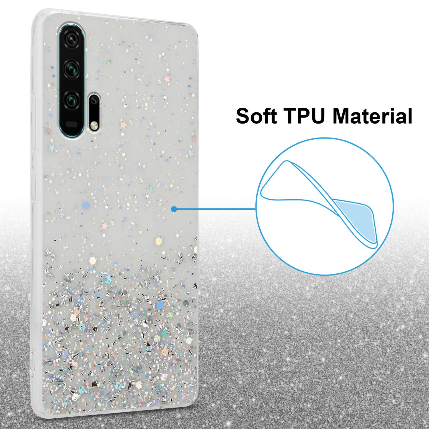 Custodia per telefono con glitter, una custodia con glitter e stelle, con una freccia che indica Soft TPU Material.