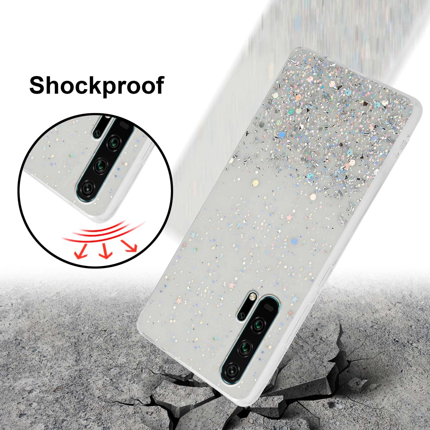 Custodia per telefono antiurto su una superficie incrinata. La custodia ha un design glitterato.