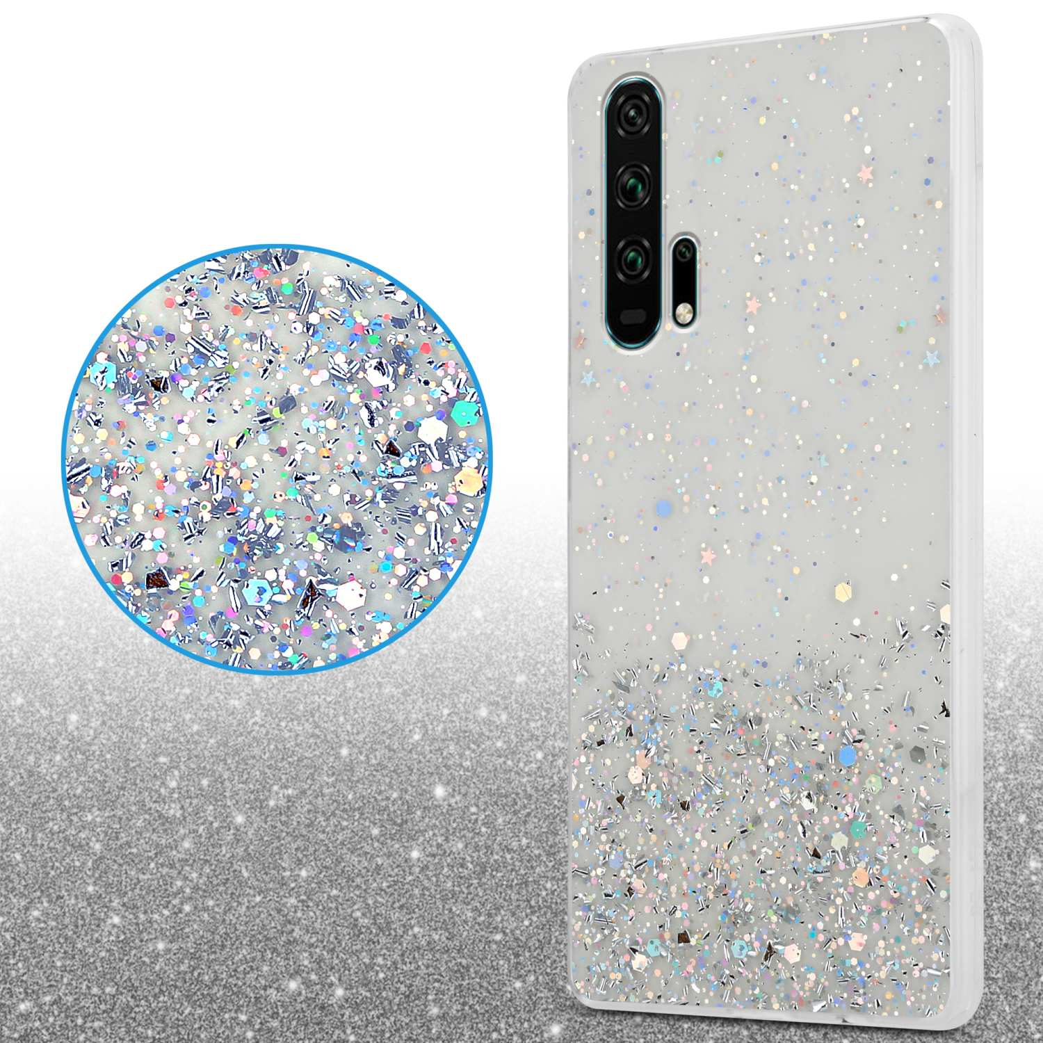Custodia per telefono con glitter e cerchio blu con lente d'ingrandimento a sinistra.