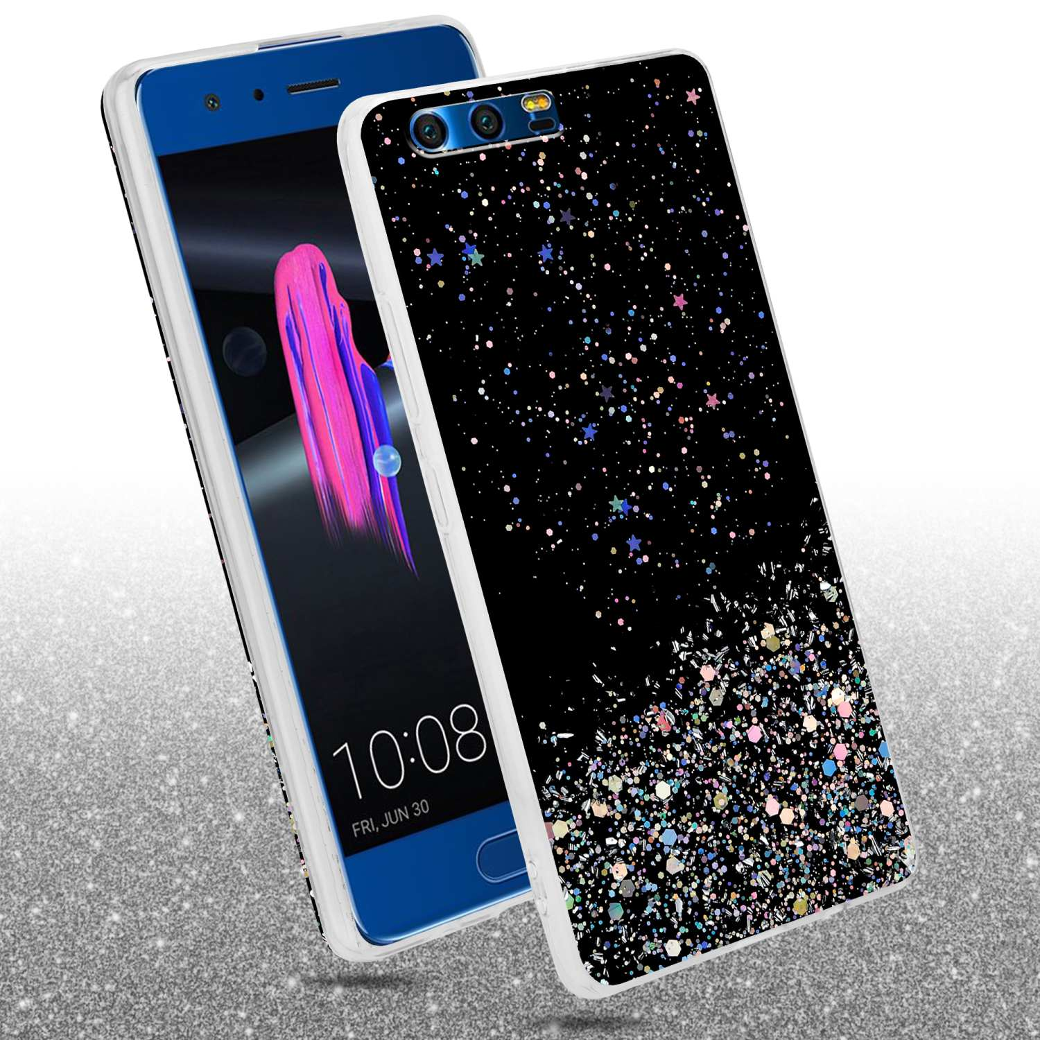 Zwei Telefone mit Hüllen. Eines mit schwarzem Glitzerdesign, das andere blau.