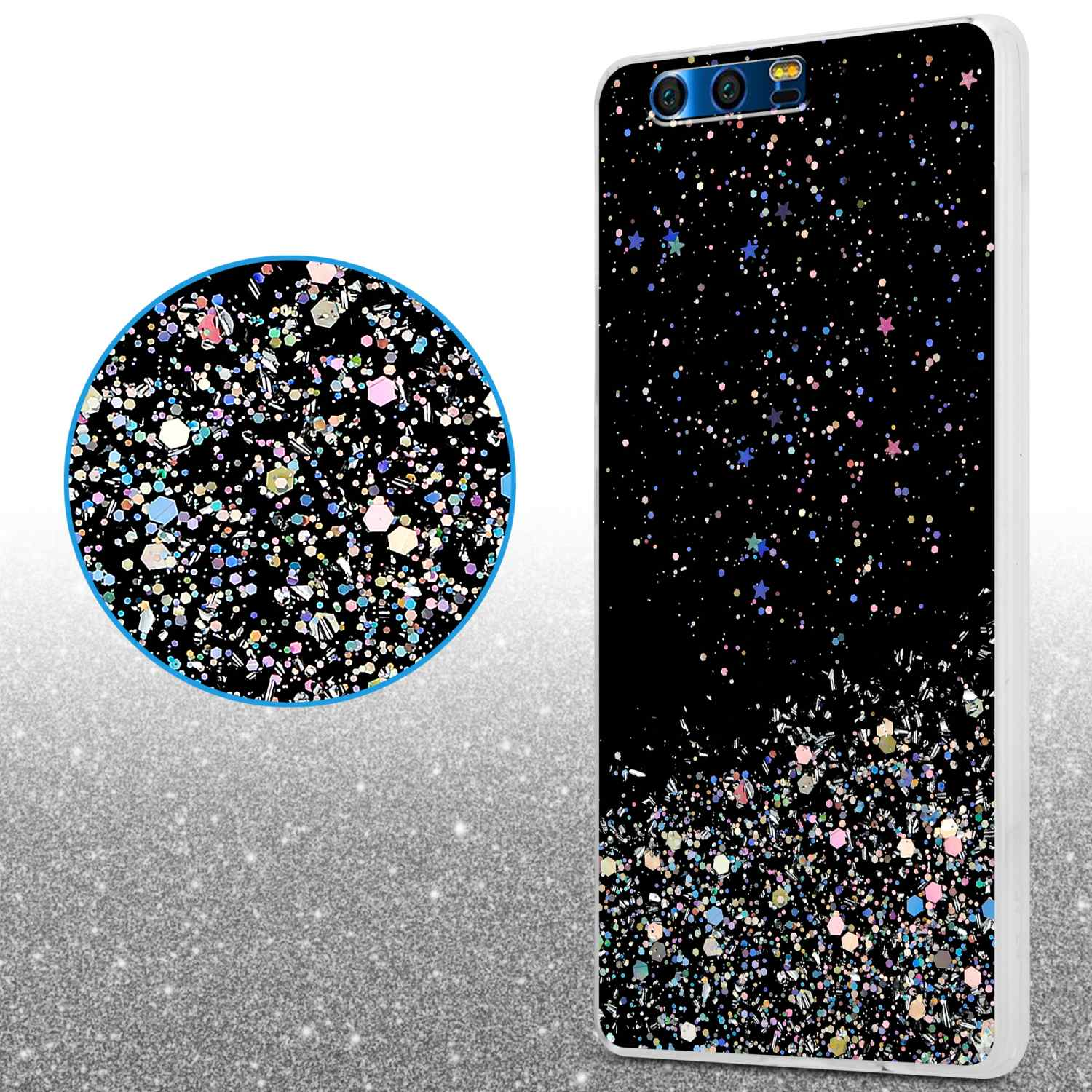 Schwarze Handyhülle mit Glitzerdesign. Eine runde Probe des Designs befindet sich links.