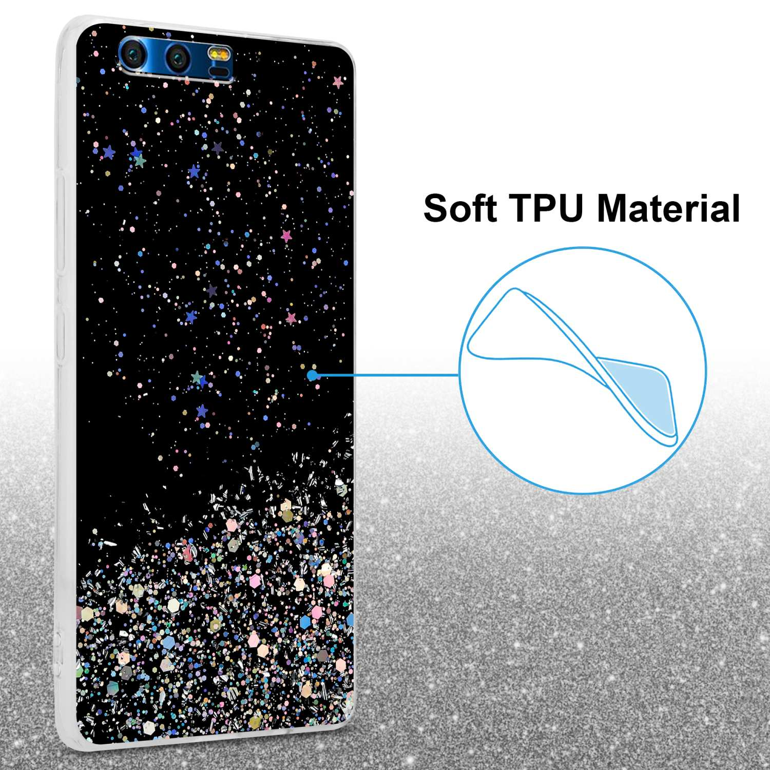 Eine Handyhülle mit schwarzem Glitzerdesign, das ein weiches TPU-Material zeigt.
