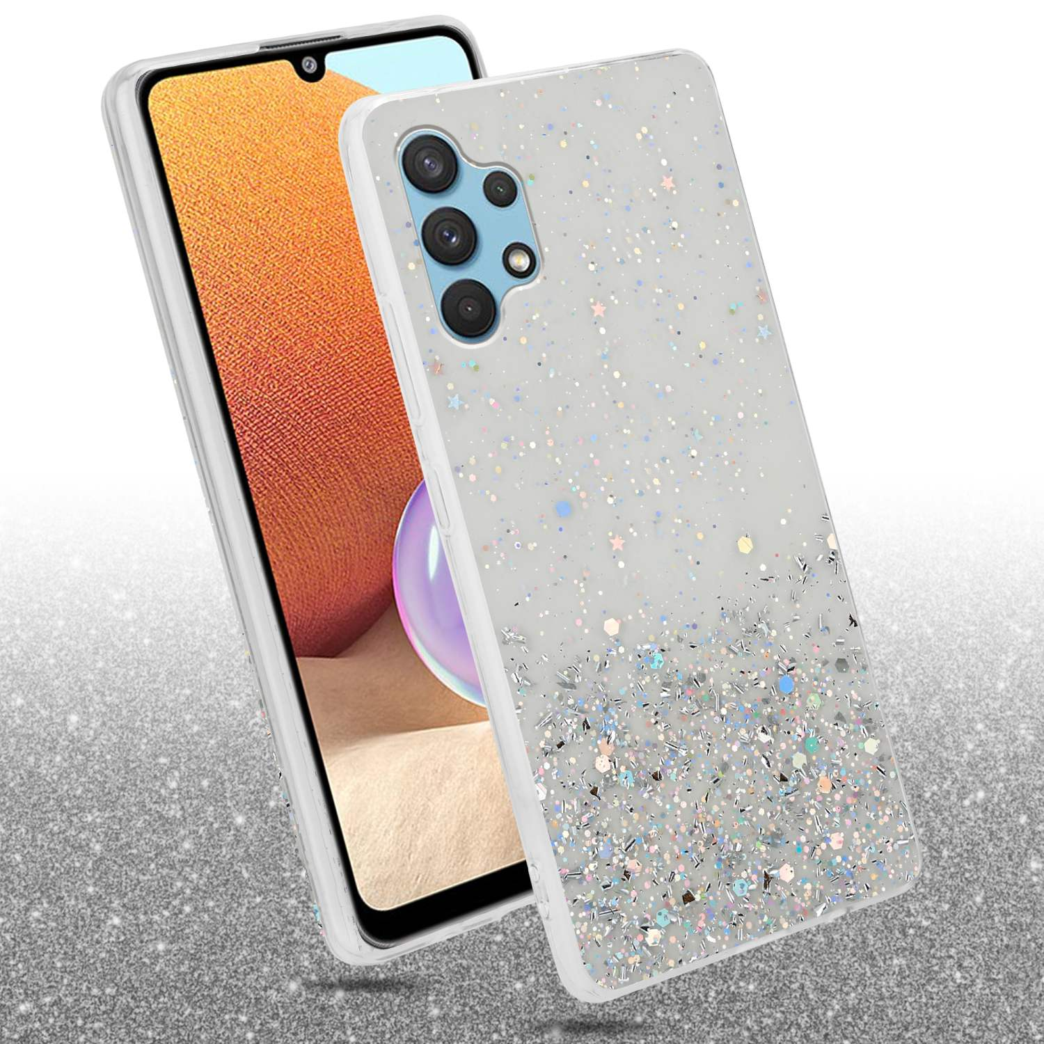 Eine Handyhülle mit Glitzer auf einem Telefon. Das Telefon liegt auf silbernem Glitzerhintergrund.
