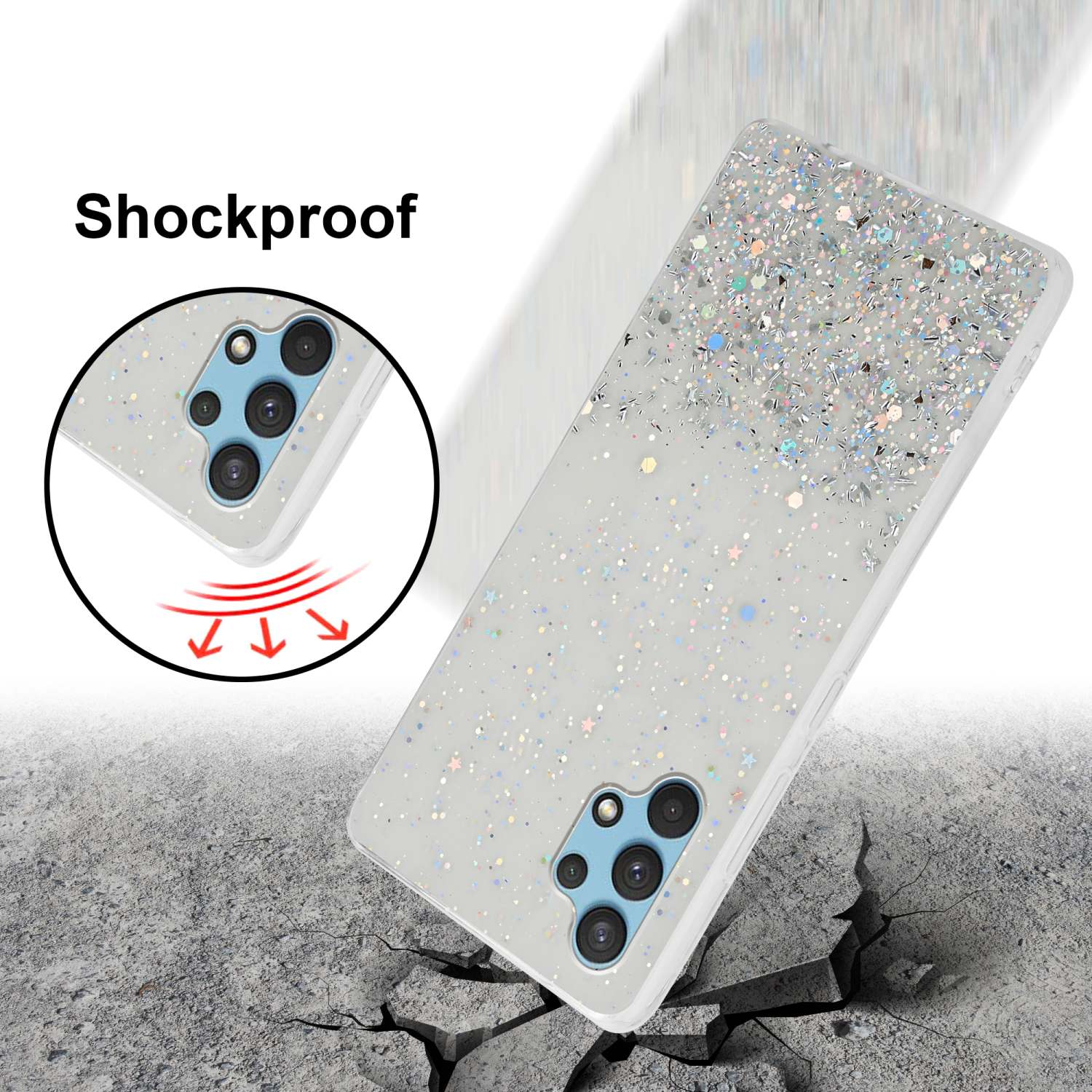 Ein Telefon in einer glitzernden Hülle wird auf eine zerbrochene Oberfläche fallen gelassen, was stoßfestes Design veranschaulicht.