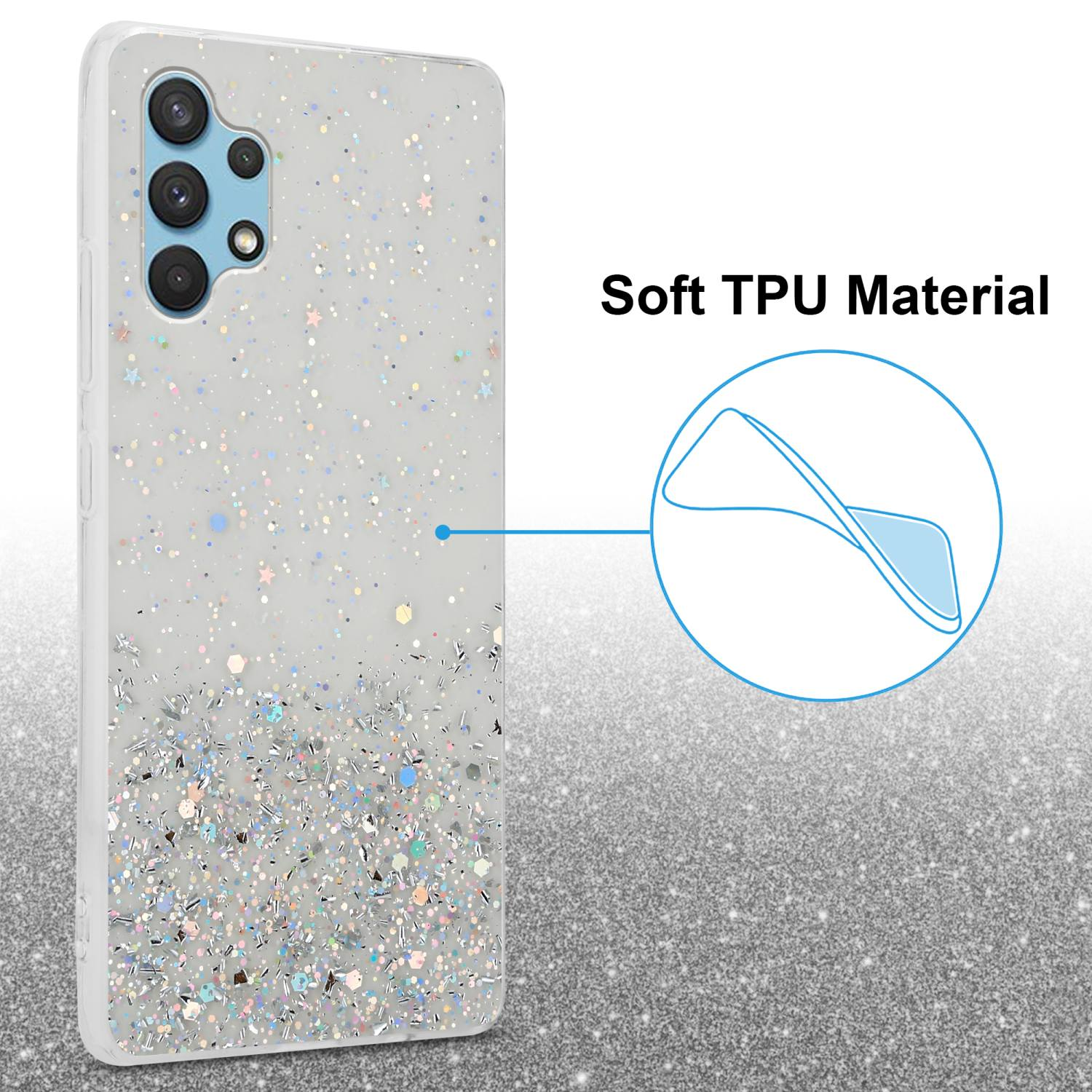 Eine Handyhülle mit Glitzer. Die Hülle befindet sich auf einem Telefon mit drei Kameras.