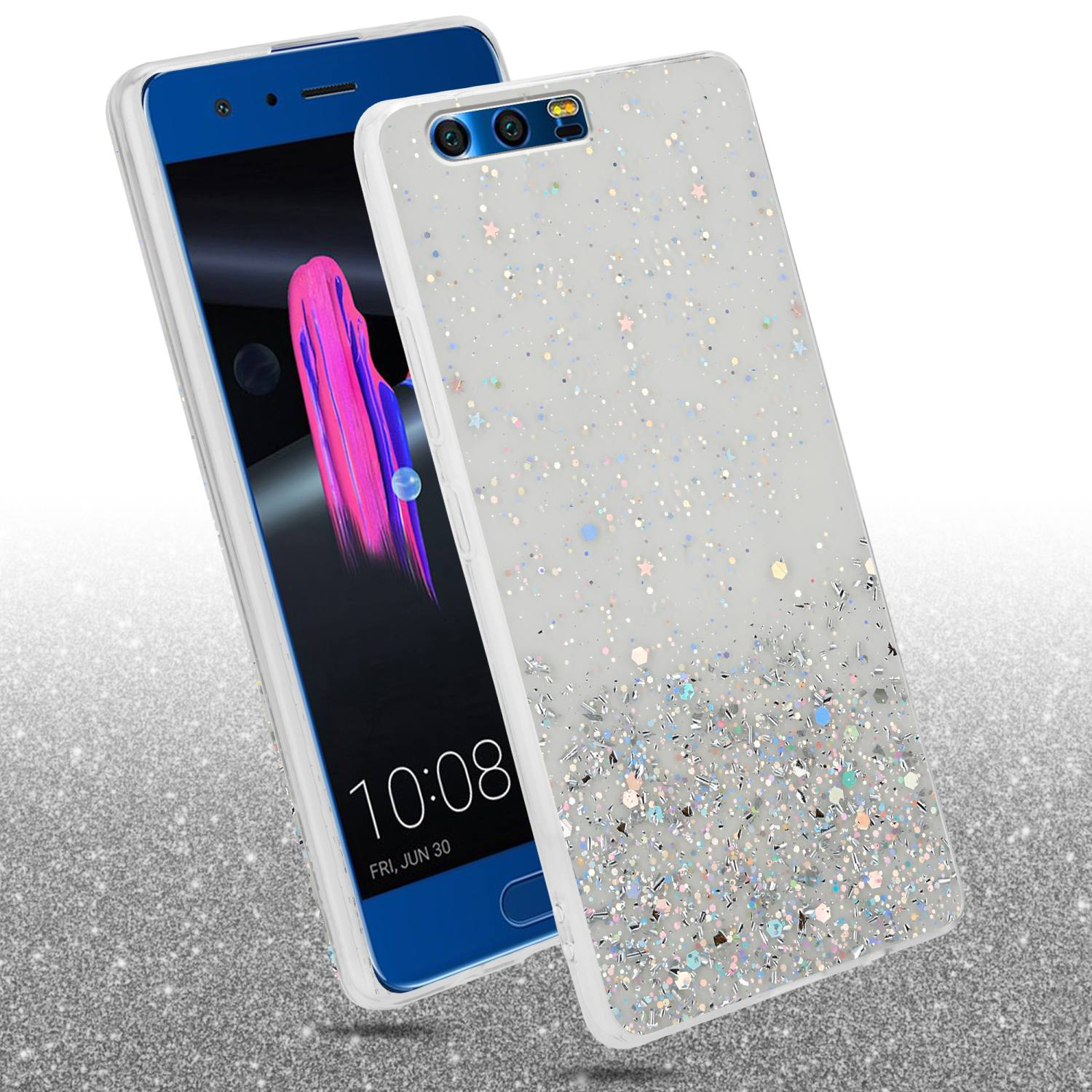 Ein Telefon und eine Handyhülle mit Glitzer. Das Telefon ist blau, die Hülle ist klar.
