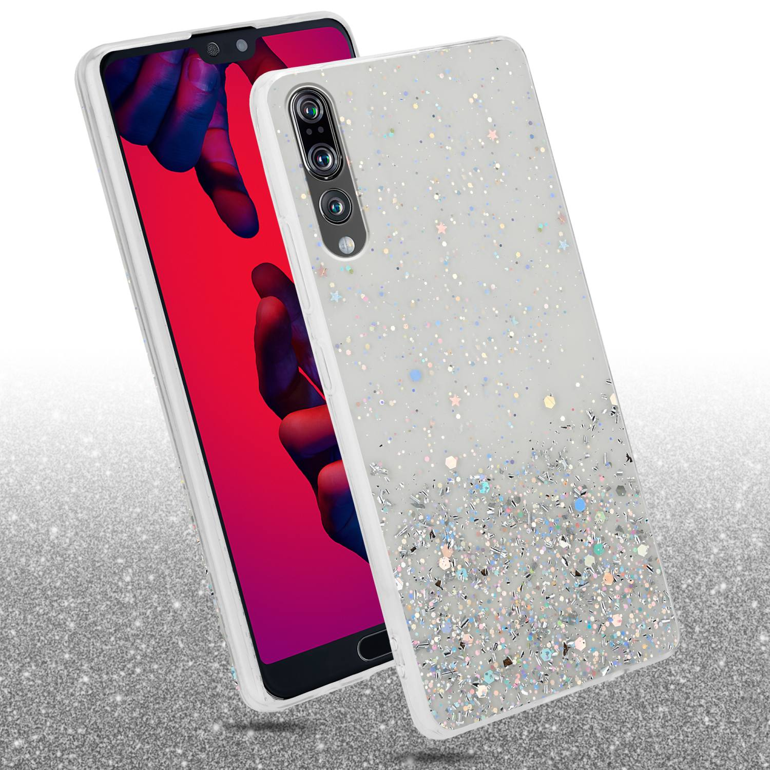 Un telefono con una custodia glitterata. Il telefono è appoggiato a un altro telefono. Lo sfondo è glitterato.