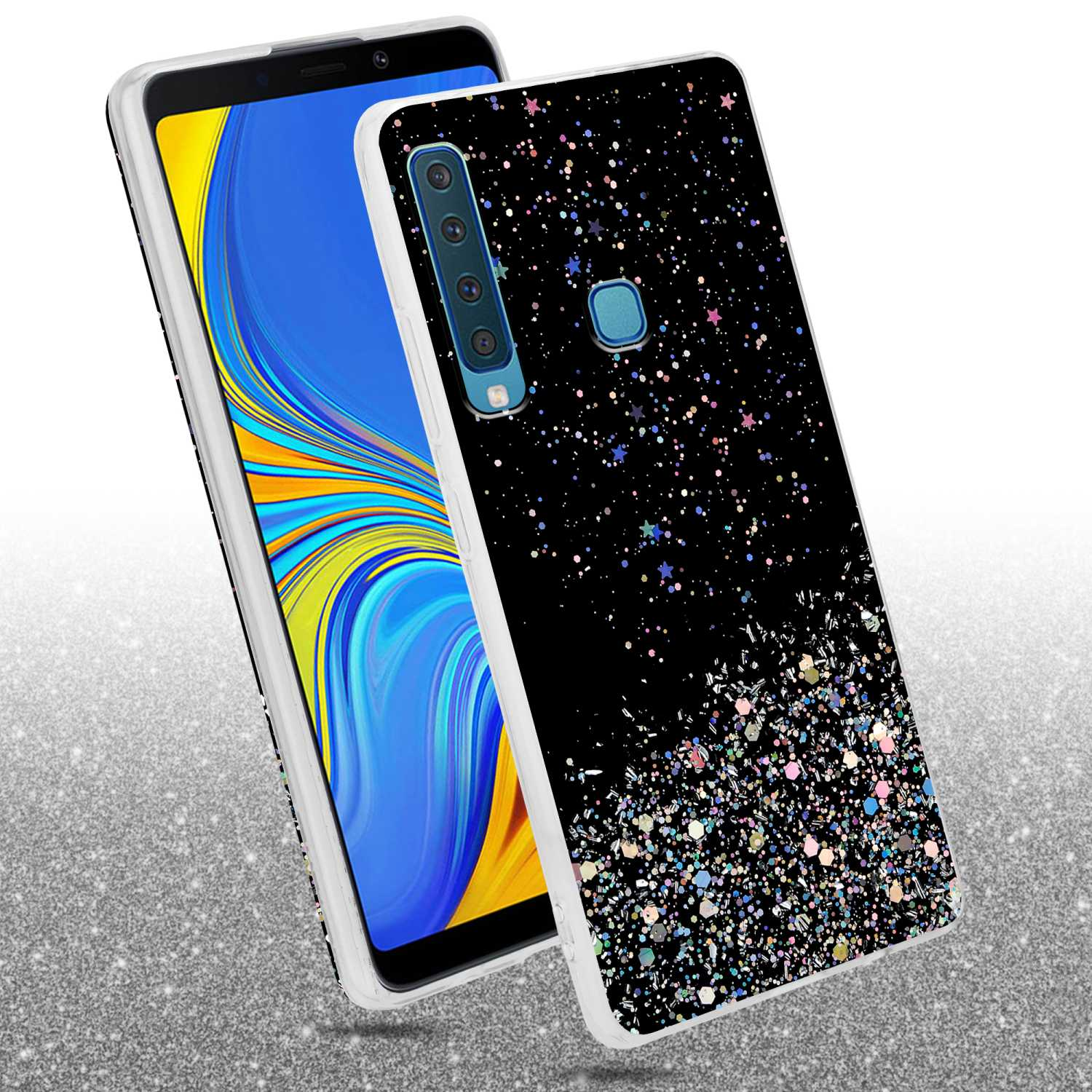 Custodia nera per telefono con design glitterato, su una superficie glitterata.