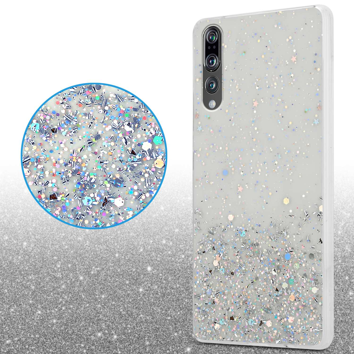 Custodia per telefono glitterata con effetto glitterato, con un primo piano del glitter.