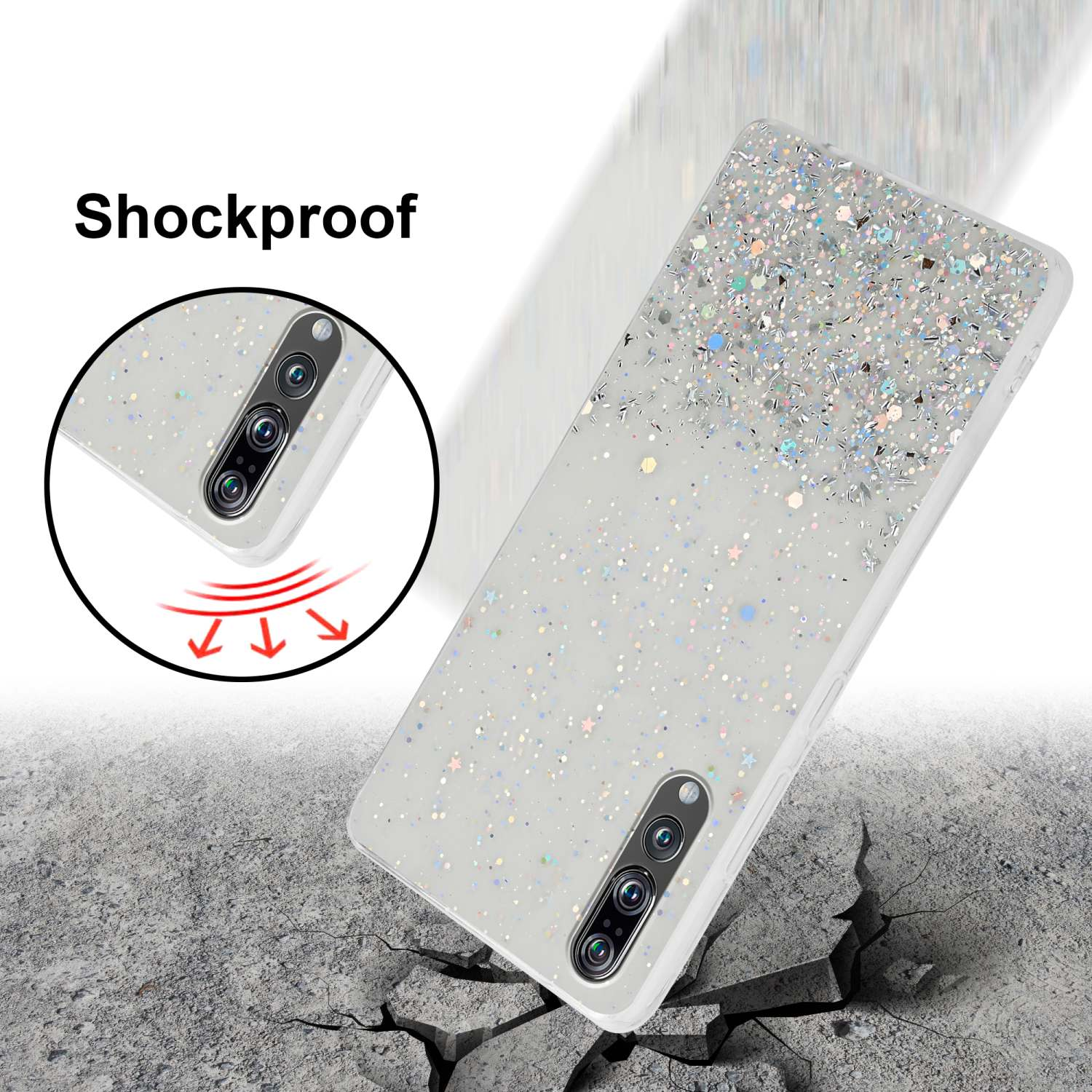 Una custodia con glitter bianco che cade su un terreno crepato. Testo: Antishock.