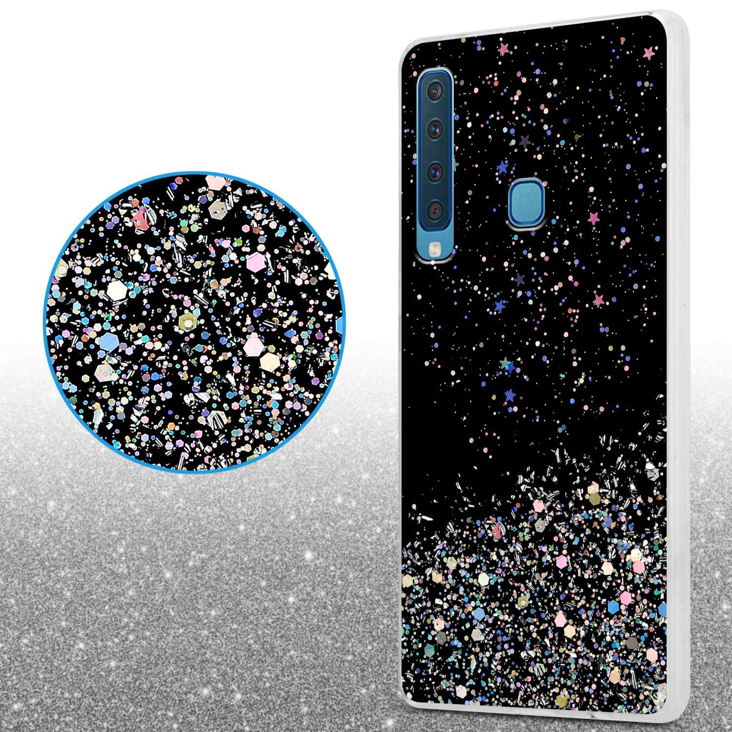 Custodia per telefono nera con un design glitterato lucido. Parte di un telefono a sinistra. Scintille bianche.