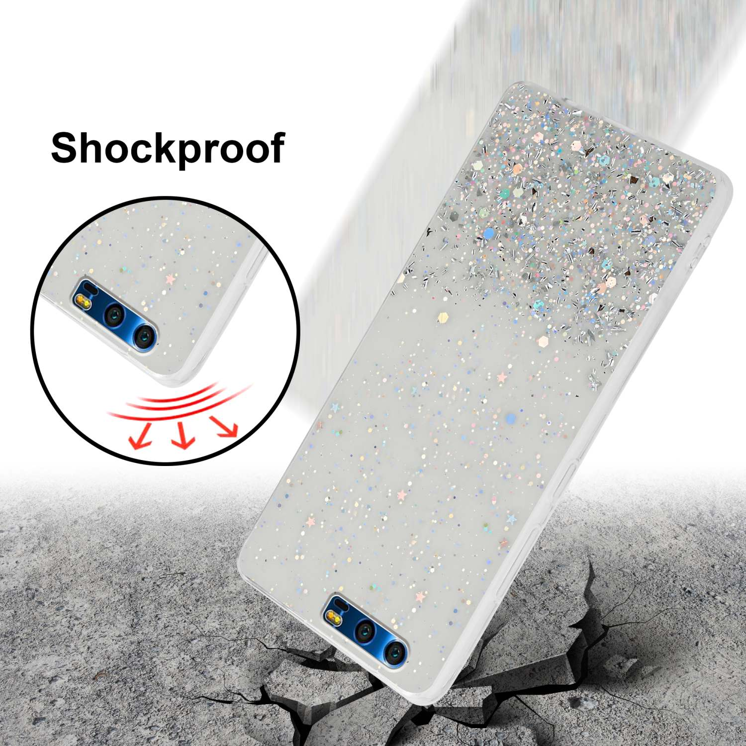 Stoßfeste Handyhülle mit Glitzer. Die Hülle liegt auf zerbrochenem Beton. Hülle ist grau-weiß.