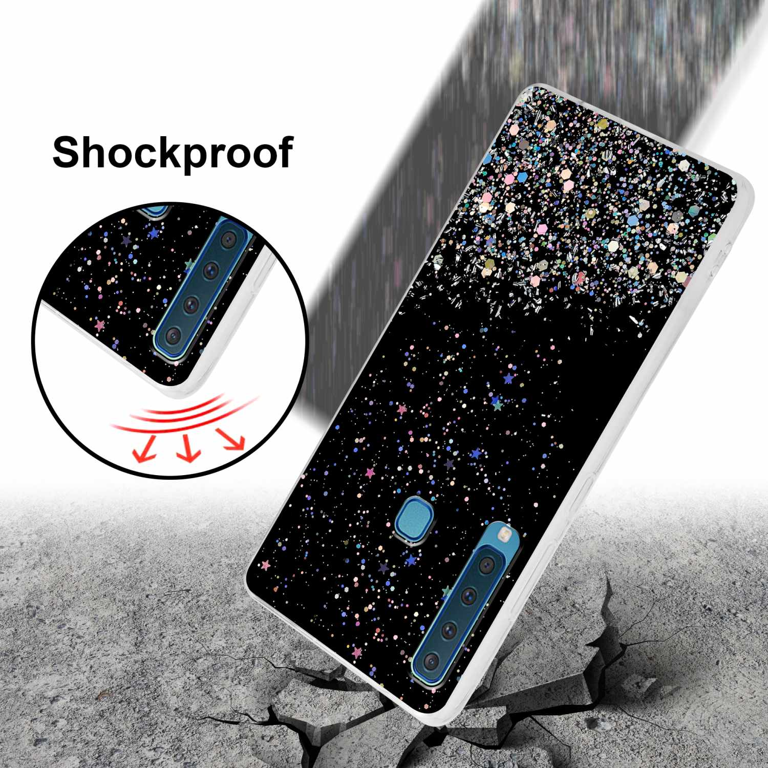 Custodia per telefono con design glitter nero, bordo bianco e testo antiurto.