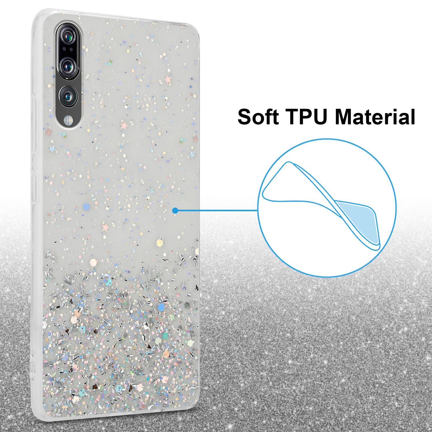 Una custodia con glitter e un telefono dentro. Materiale TPU morbido è il testo.