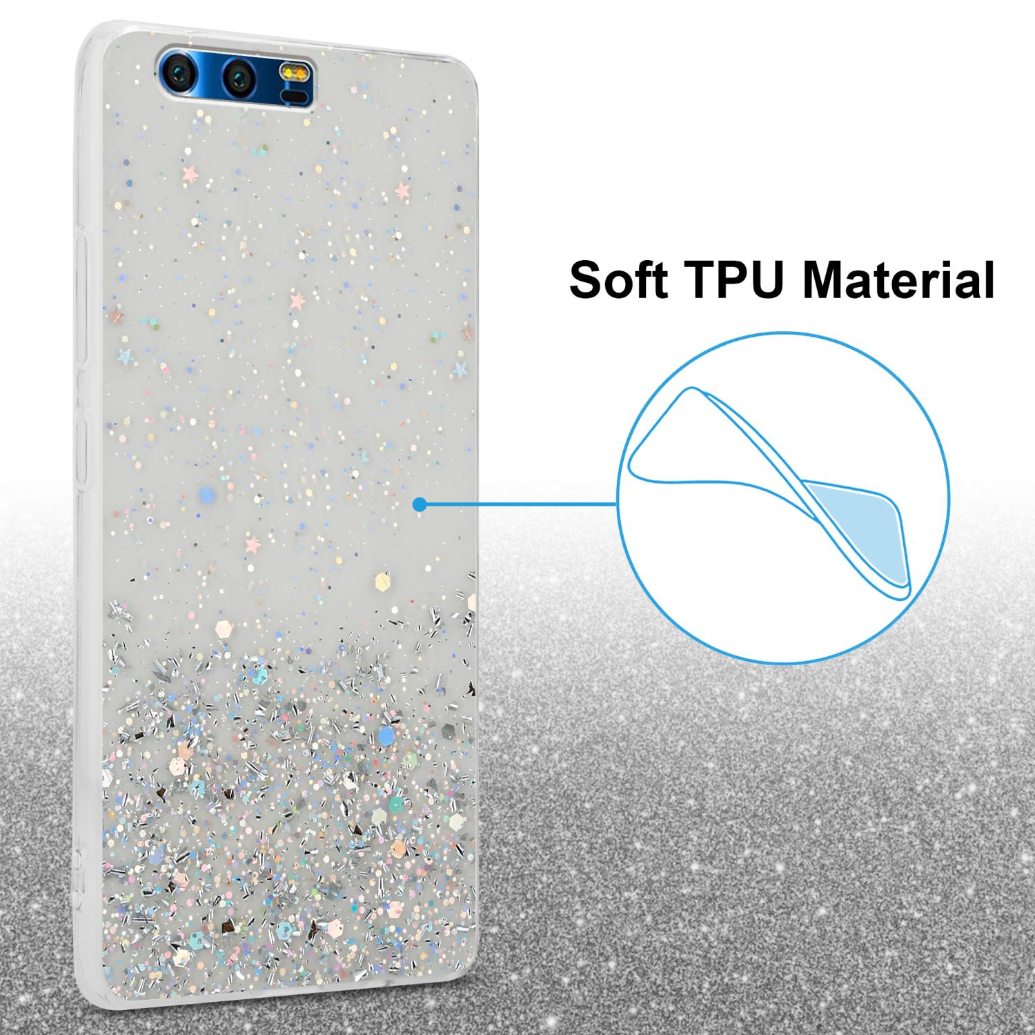 Weiße Handyhülle mit Glitzerdesign und Diagramm, das das Material zeigt.