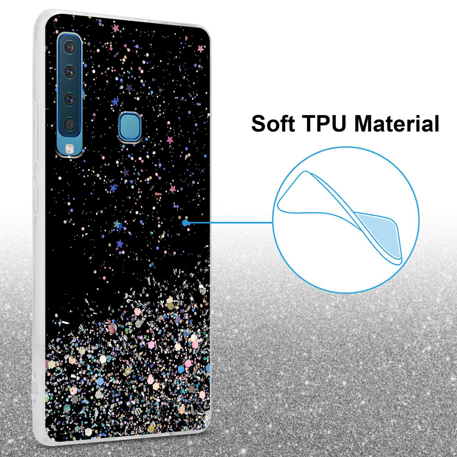 Una custodia nera per telefono con un design glitterato. Testo: Materiale TPU morbido.