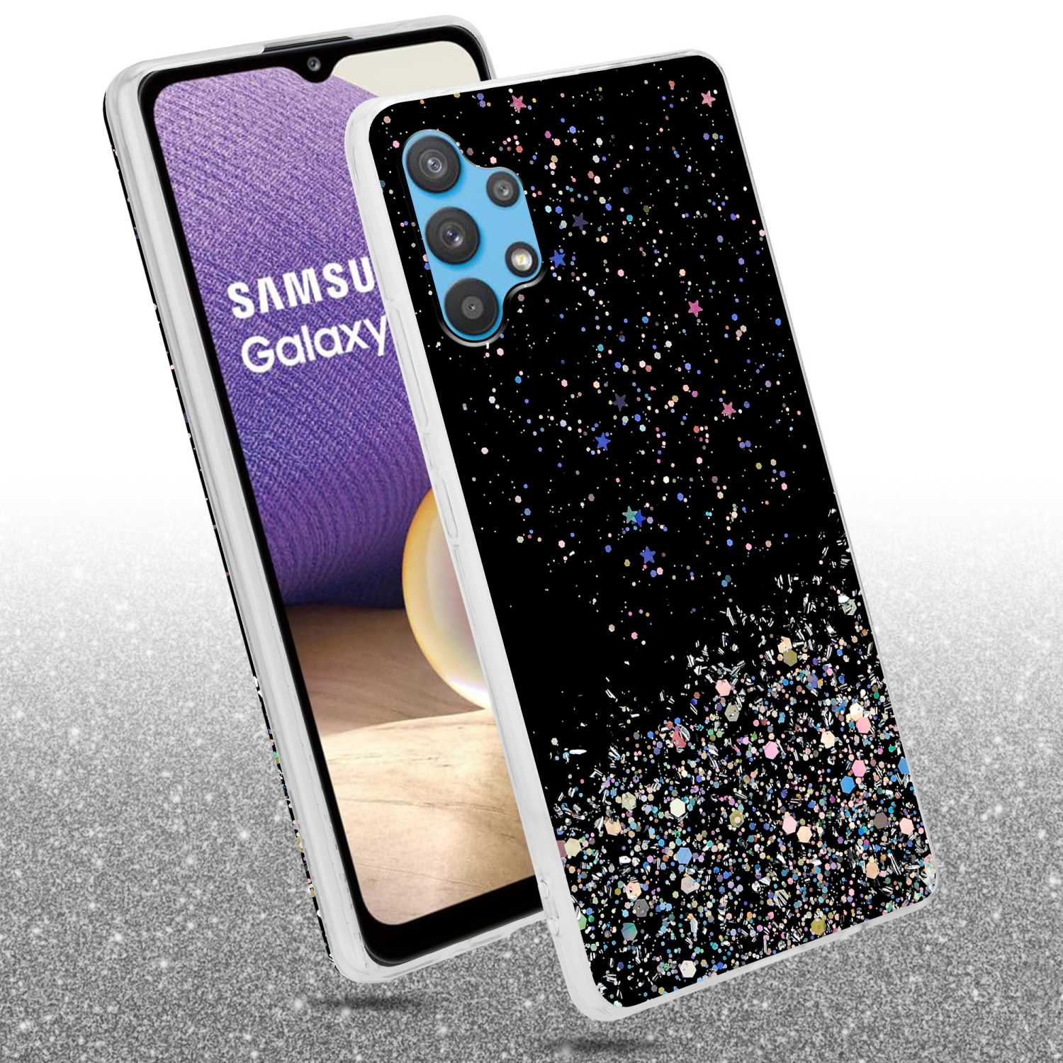 Custodia nera per telefono con glitter su un telefono. Il telefono mostra uno schermo con sfondo viola e bianco.