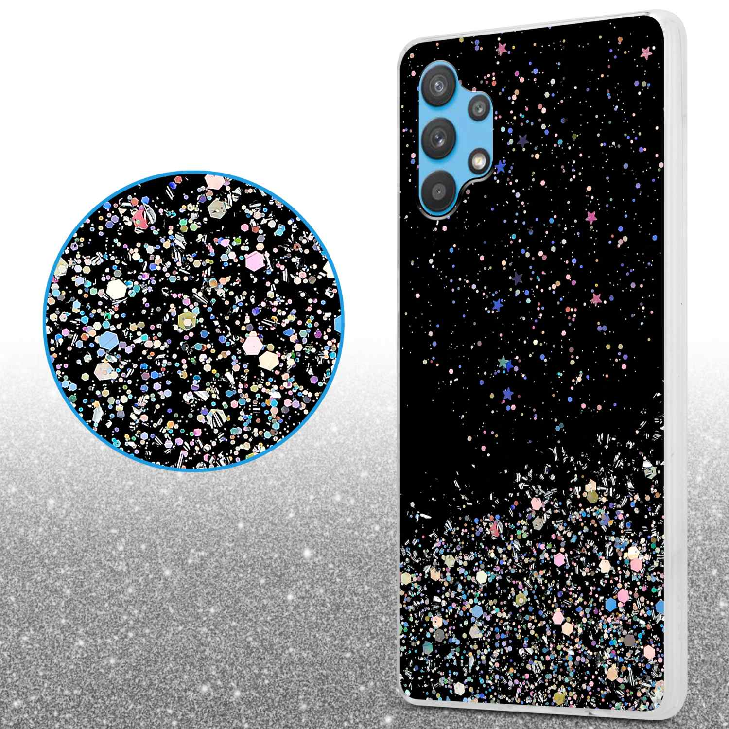Custodia per telefono con design glitterato nero. Una vista circolare mostra lo stesso design, con sfondo nero.