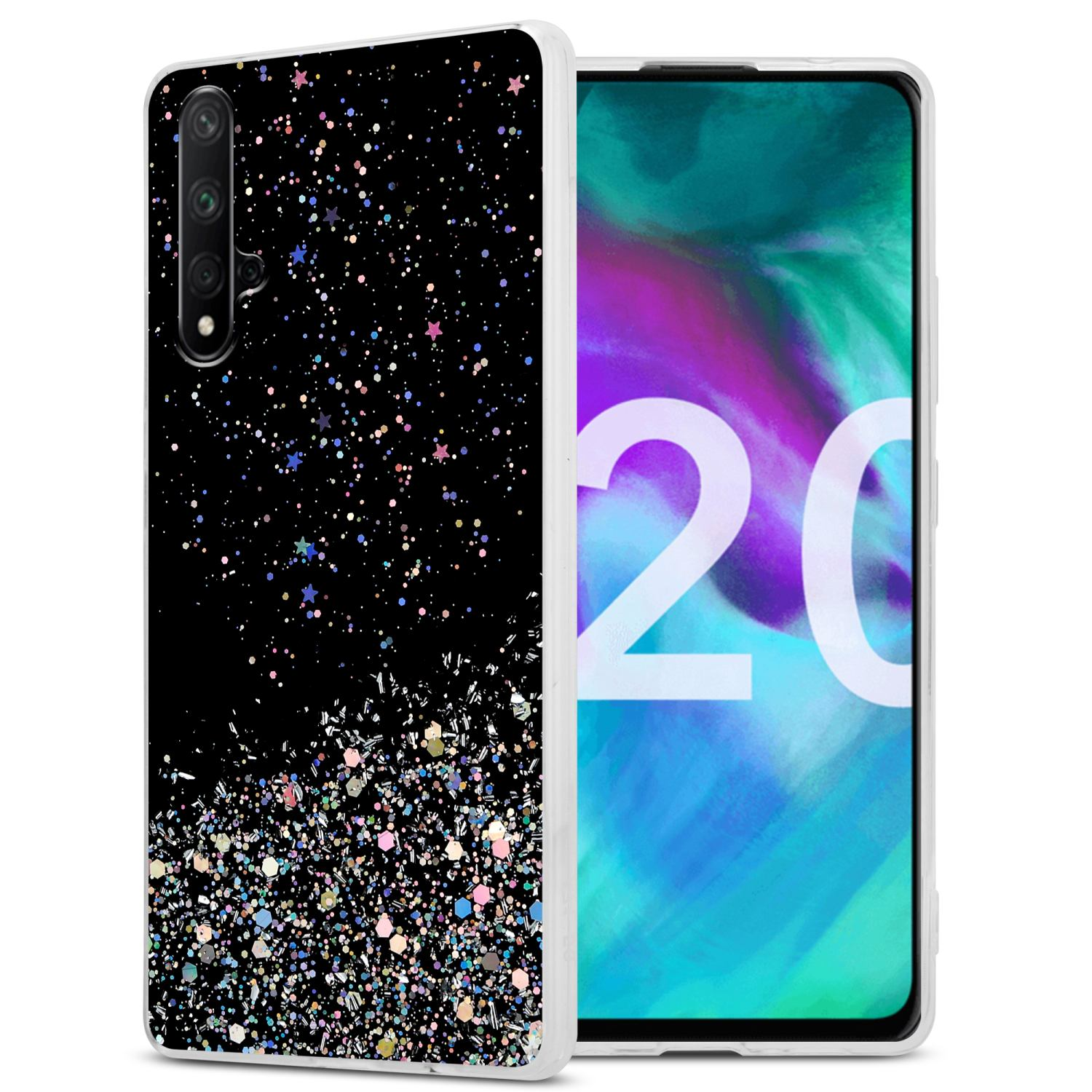 Custodia per telefono nera con glitter e stelle. Il telefono è nero e la custodia ha bordi bianchi.