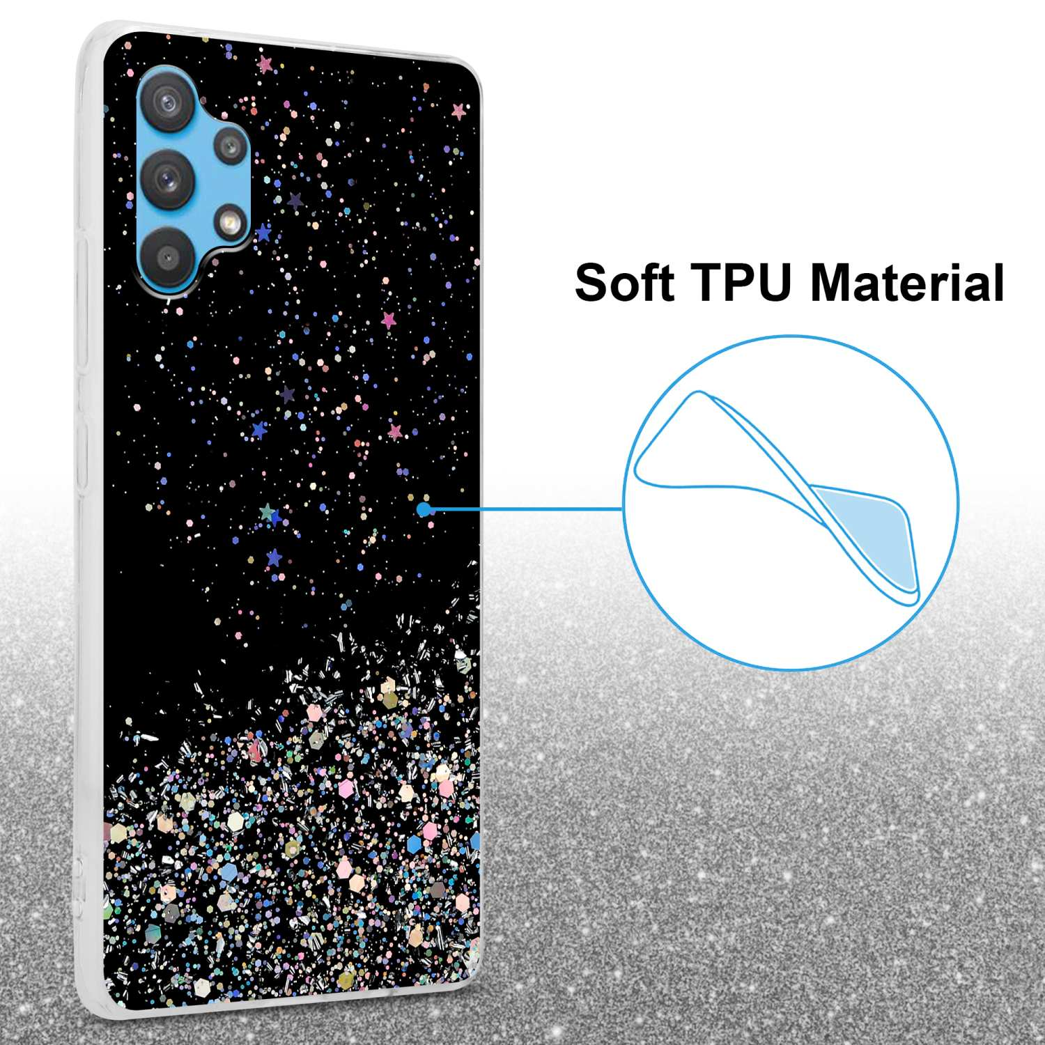 Una custodia per telefono con design glitterato. Un primo piano mostra la custodia con finitura lucida e un cerchio di glitter.