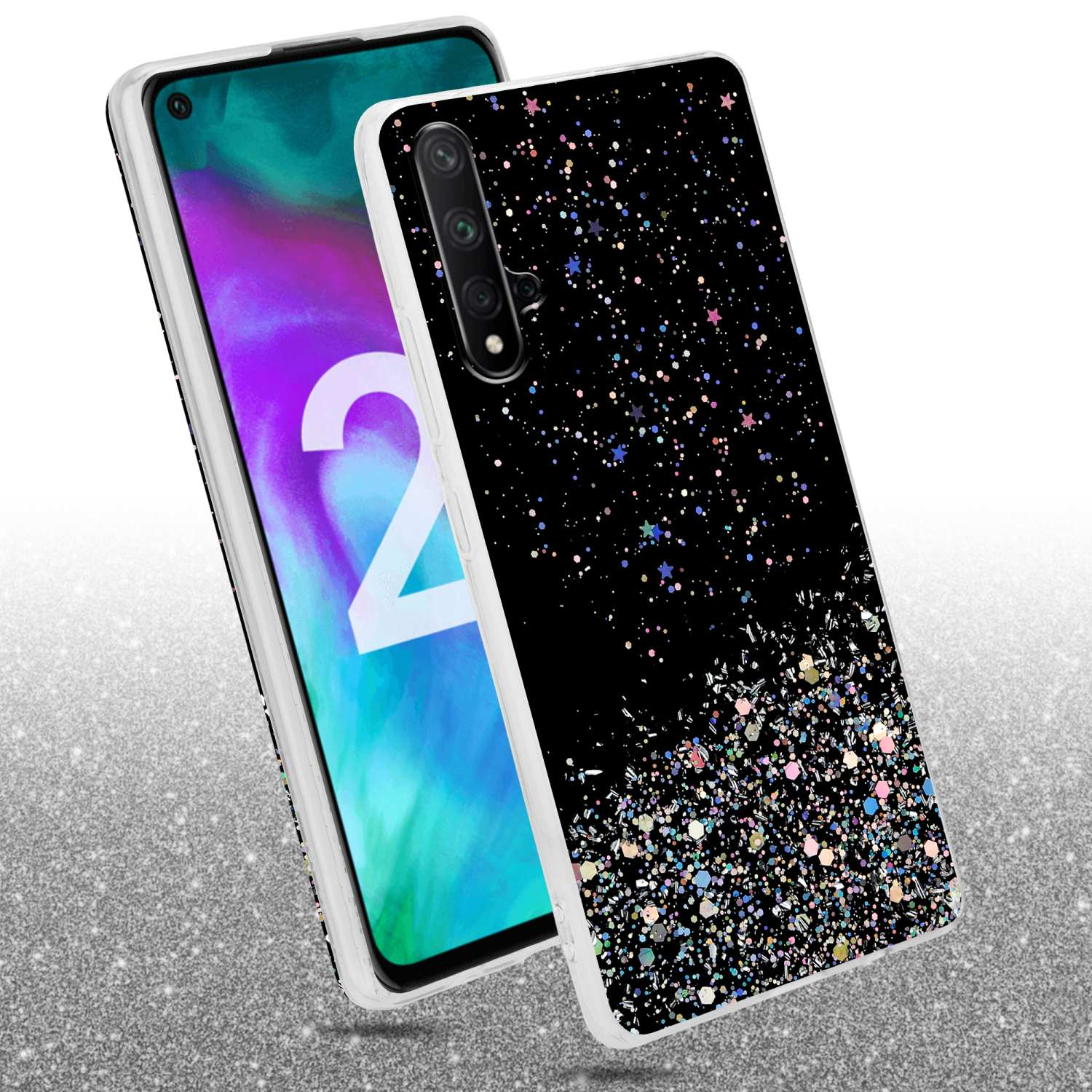 Due telefoni, uno con custodia glitterata. L'altro mostra lo schermo. Uno sfondo glitterato argento.