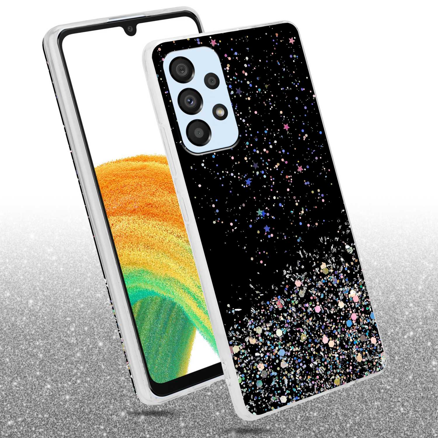 Una custodia per telefono con design glitter nero, su superficie glitterata, con un telefono dentro.