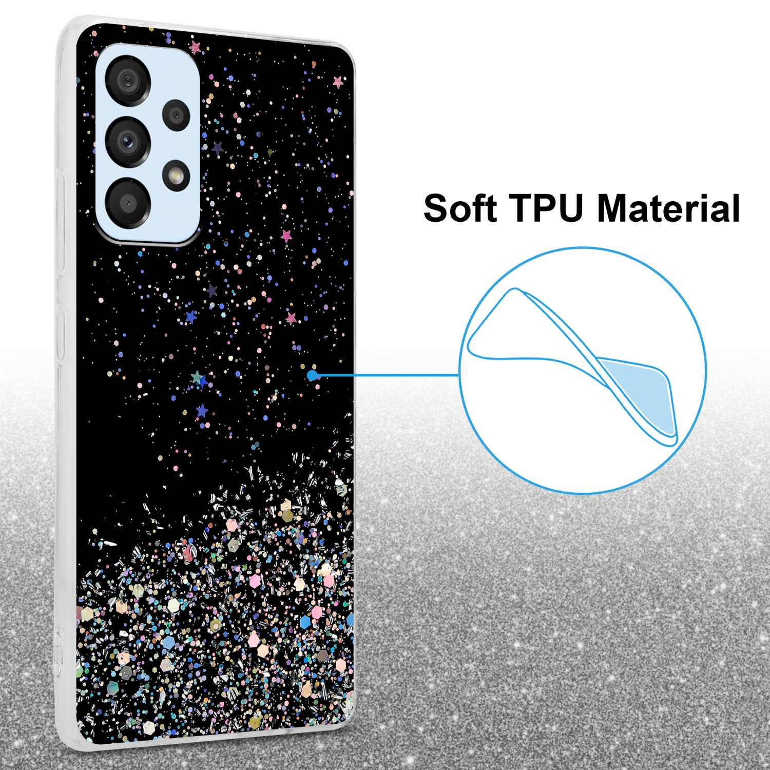 Una custodia per telefono con sfondo nero e design glitterato scintillante; la custodia del telefono è posizionata su uno sfondo glitterato.