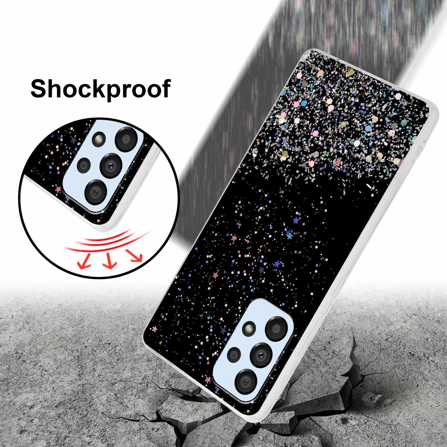 Una custodia per telefono con sfondo scuro e design glitterato, su una superficie ruvida con crepe.