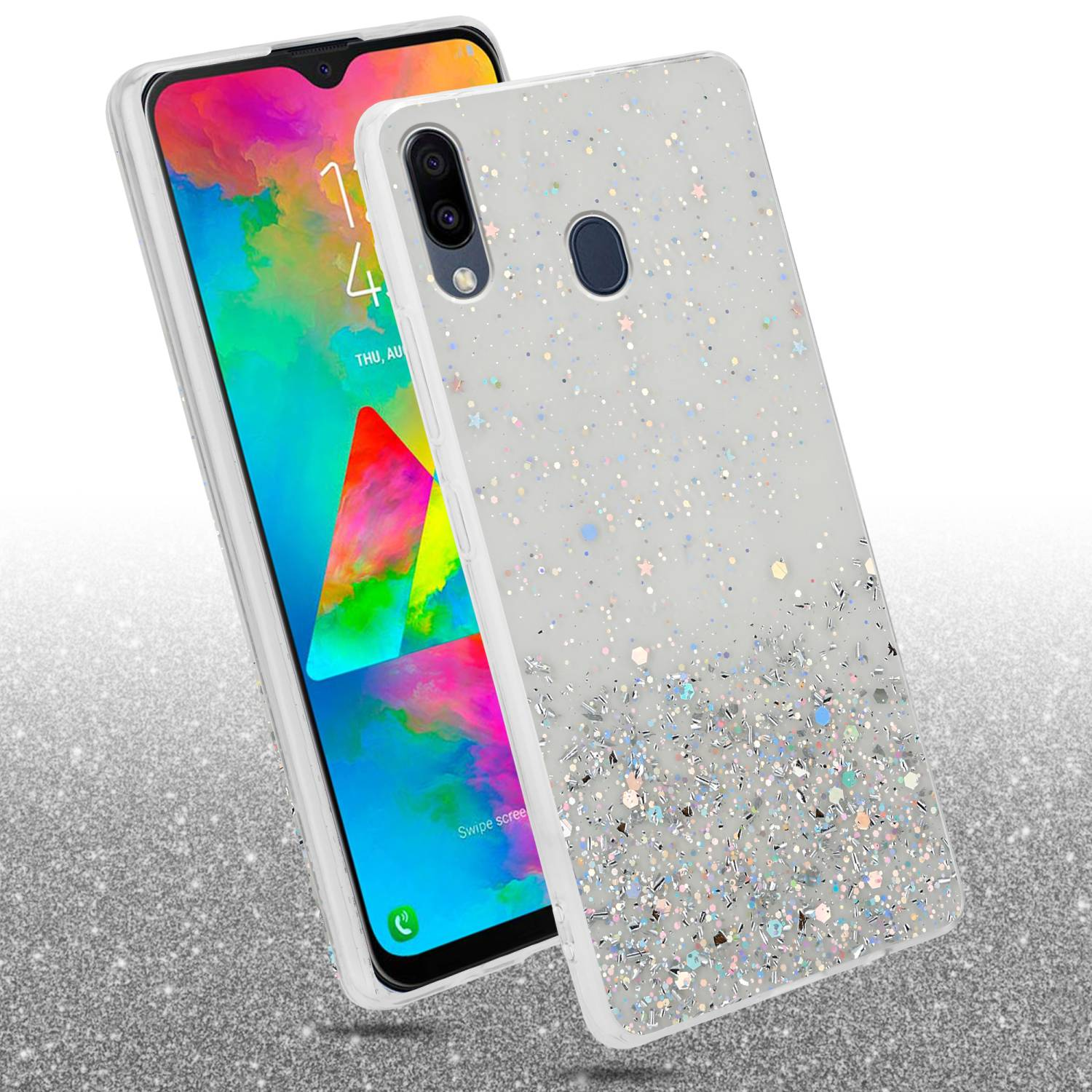 Weißes Handycase mit Glitzer und Sternen. Telefon im Inneren. Glitzer konzentriert sich unten.