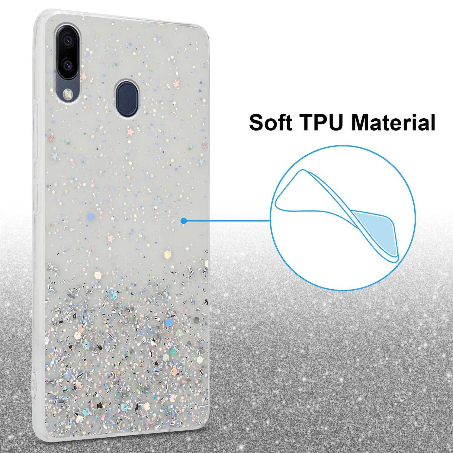 Glitzernde Handyhülle mit durchsichtigem Rücken und Glitzer, mit weichem TPU-Materialtext.