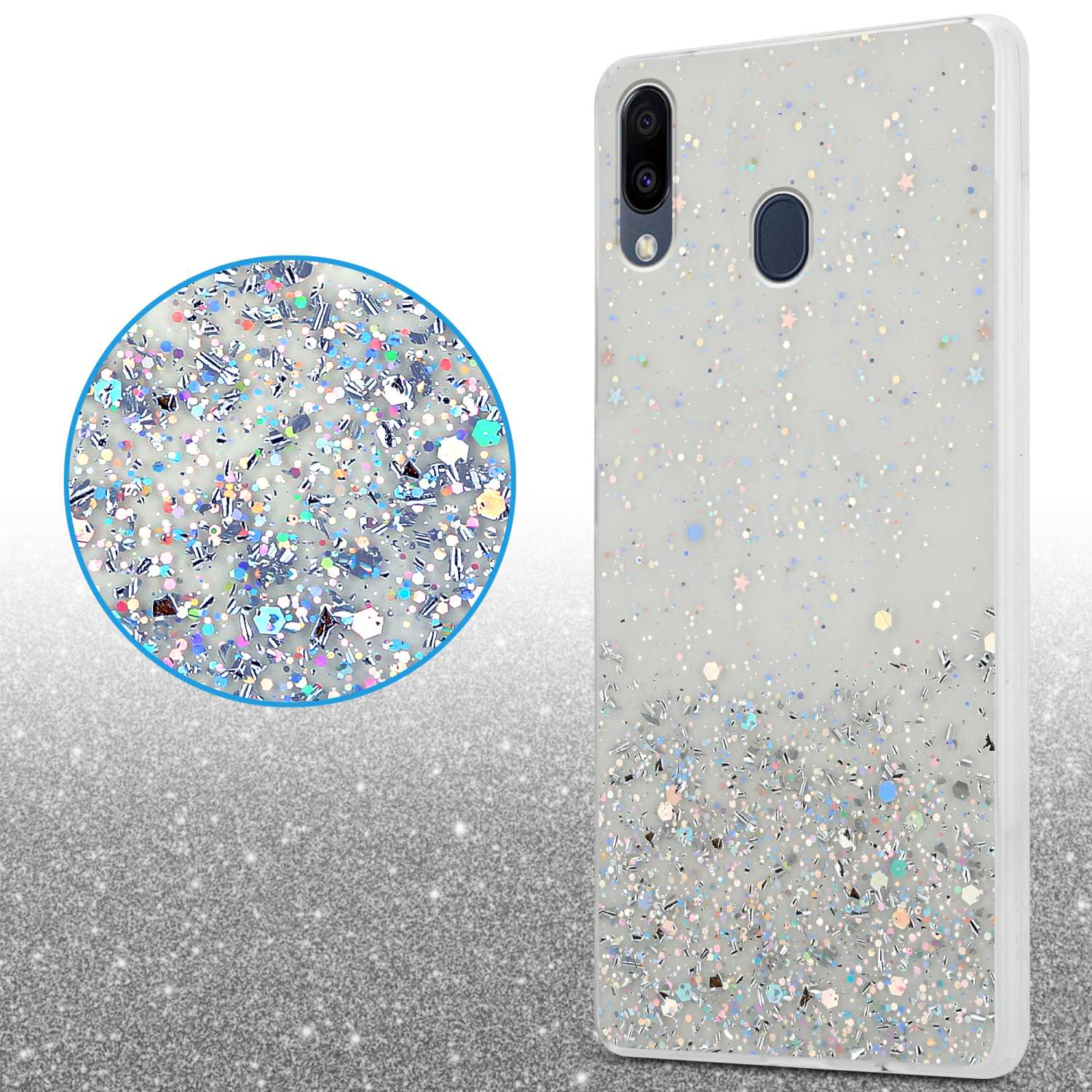 Weiße Handyhülle mit silbernem Glitzer. Telefon innen sichtbar. Glitzerdetail links vergrößert.