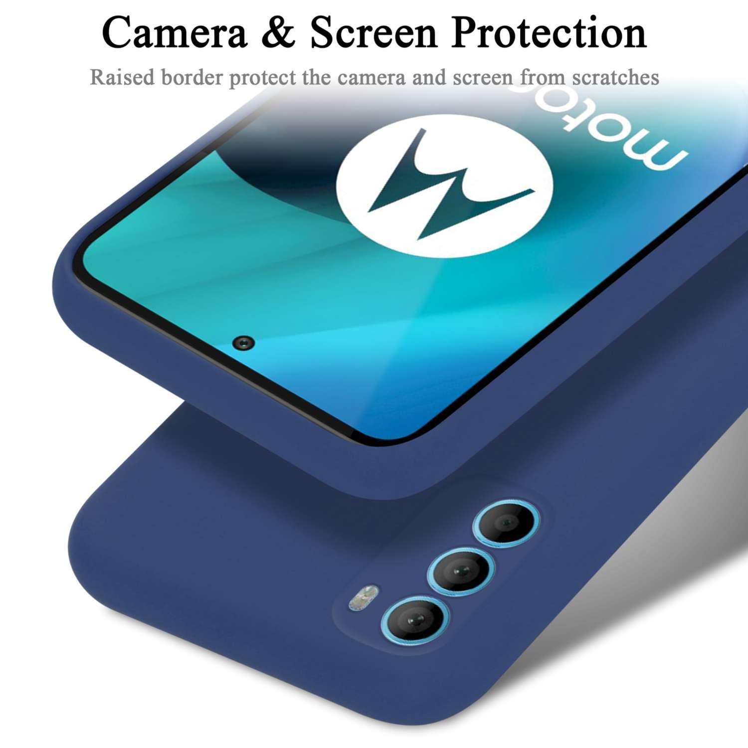 Una custodia per telefono blu con protezione dello schermo, che mostra uno schermo del telefono con un logo Motorola.
