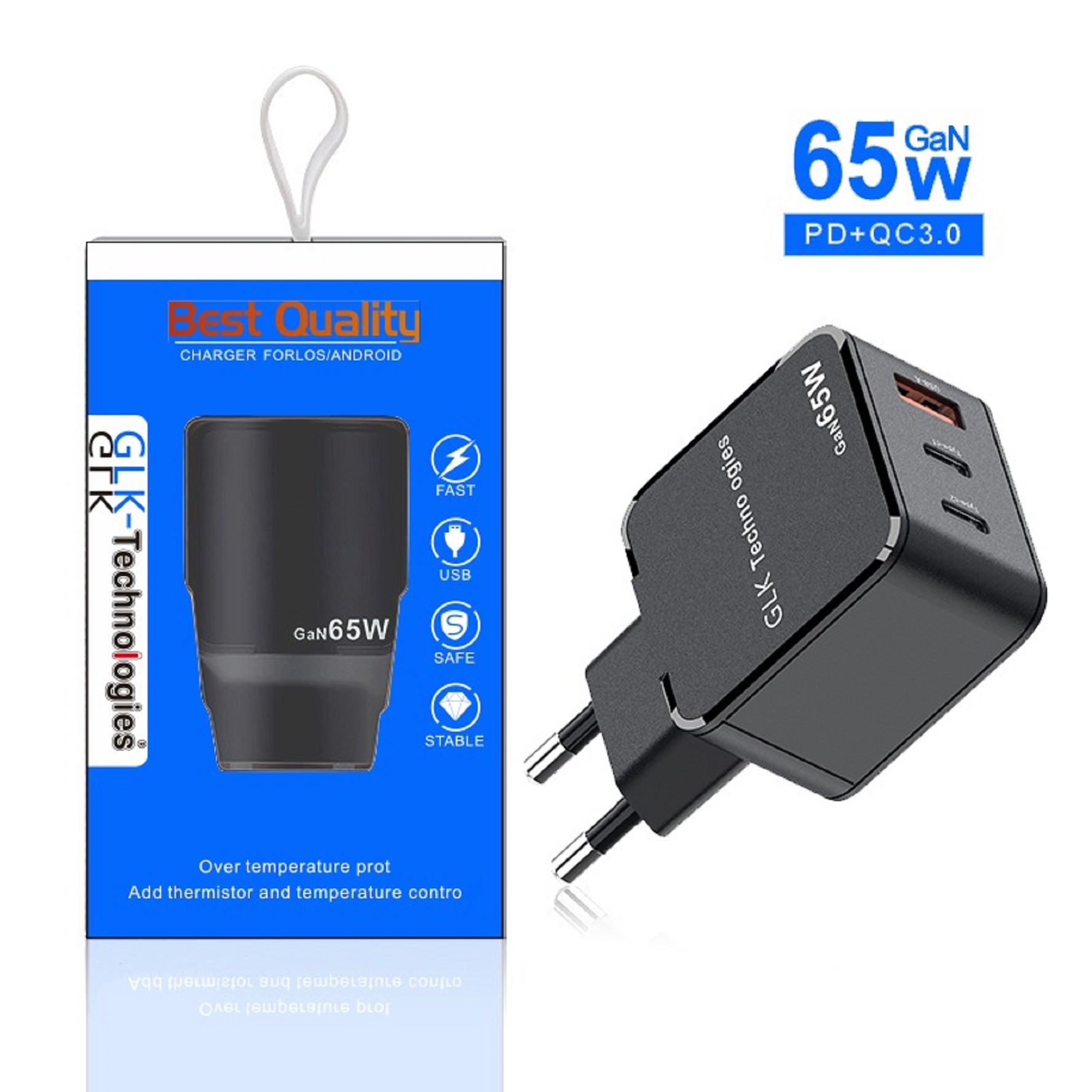 Eine schwarz-weiße Box mit einem schwarzen Ladegerät und Stecker. Text sagt "Best Quality" und "GaN 65W".
