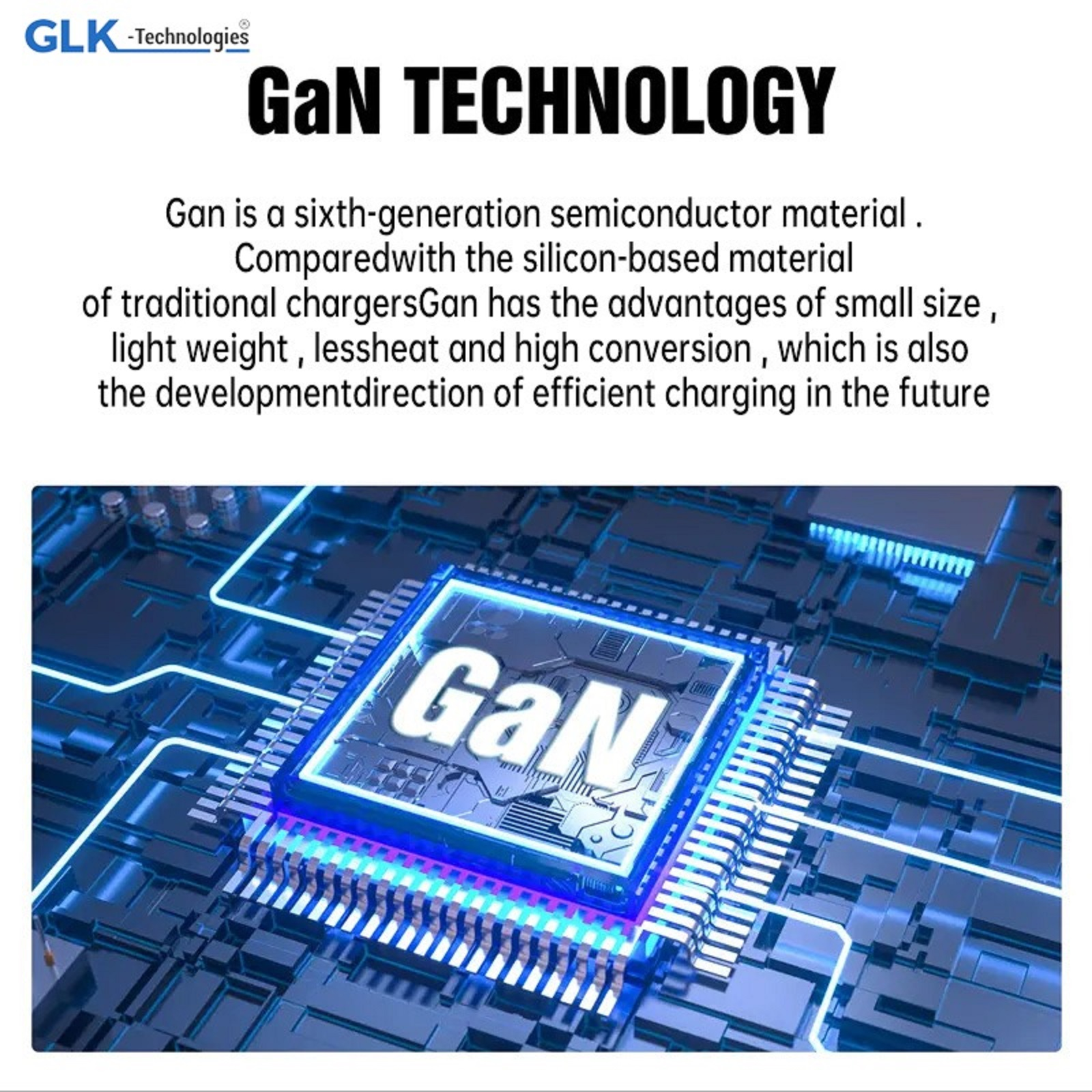 Bild zeigt eine GaN-Technologiegrafik mit Text und einer Leiterplatte.