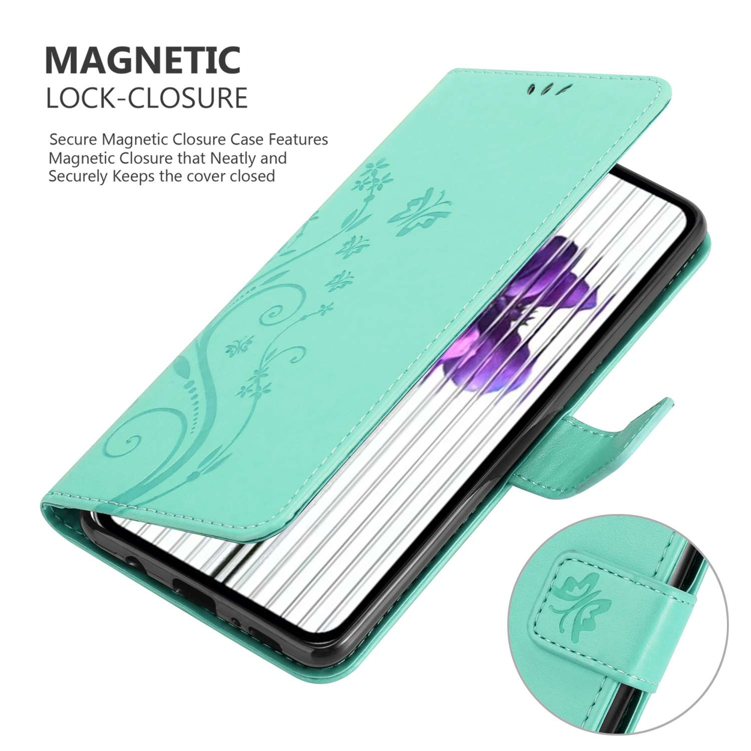Custodia per telefono verde acqua aperta. Presenta un design floreale e chiusura magnetica.