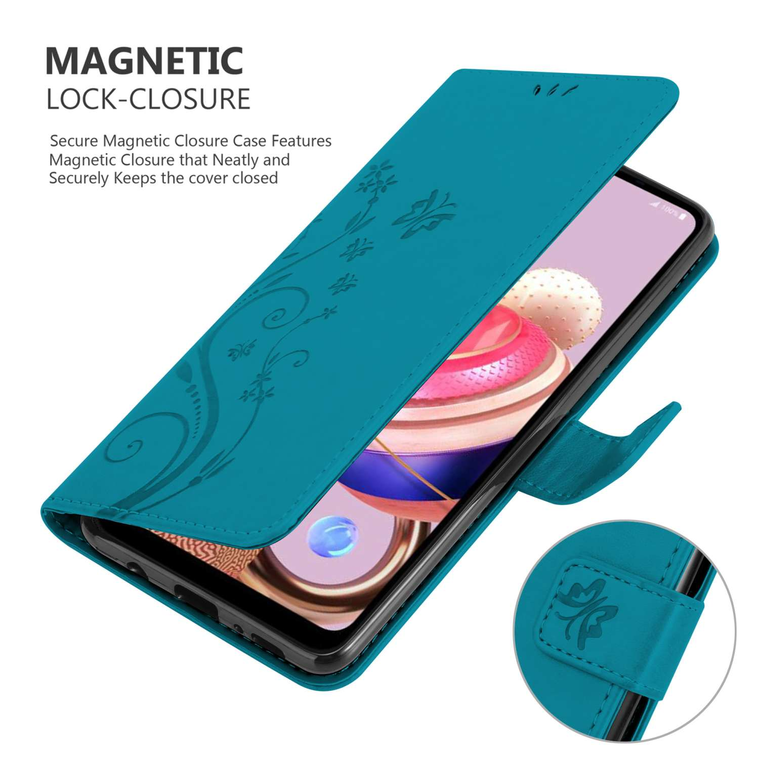 Custodia per telefono verde acqua in stile libro. Il telefono è all'interno. La custodia ha un design floreale.