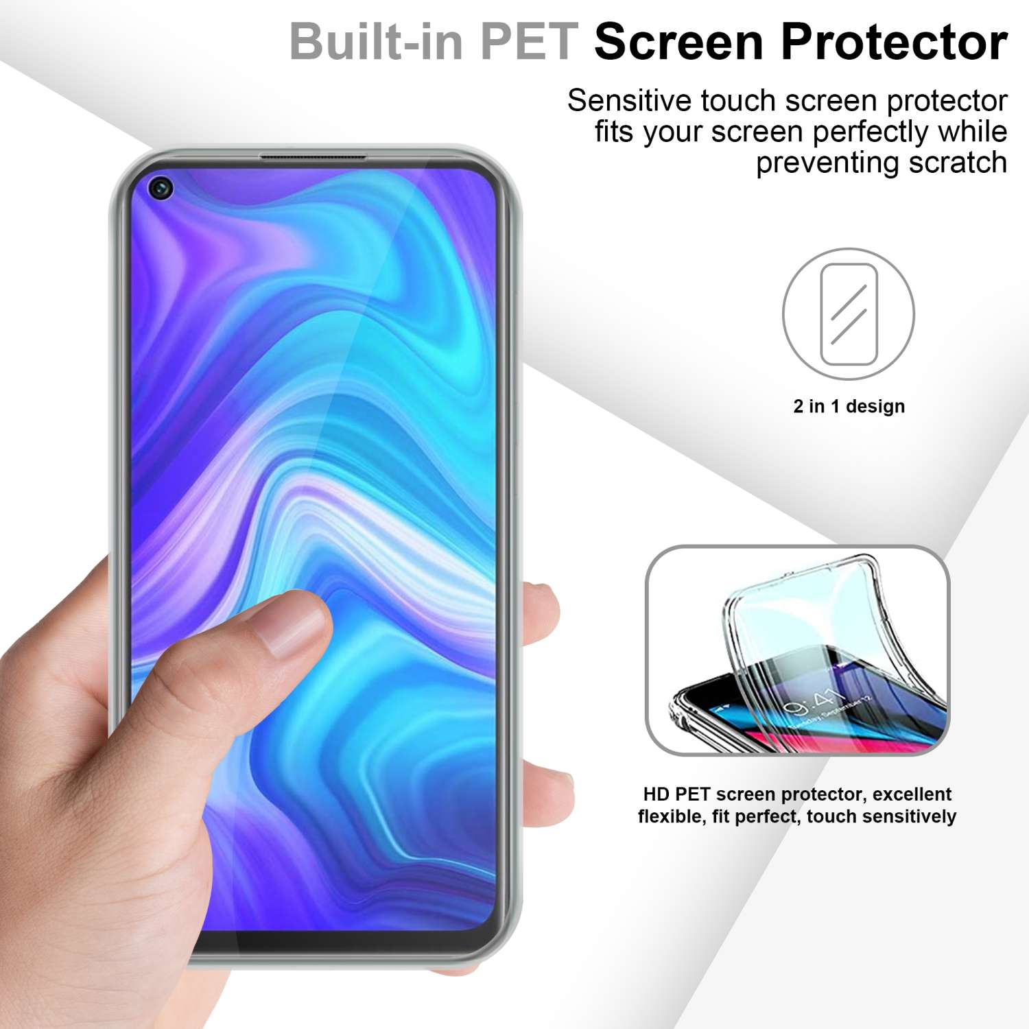 Mano che tiene il telefono con protezione schermo. Il telefono mostra icone delle app.