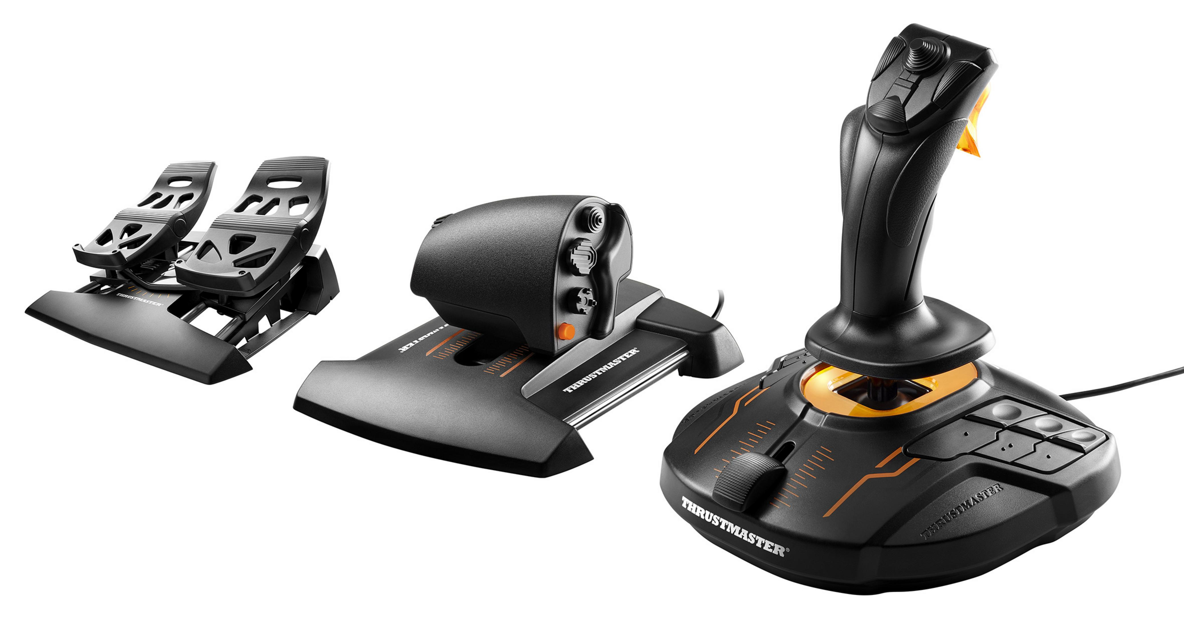 Three flight simulator controls, a rudder control, a throttle, and a joystick.
