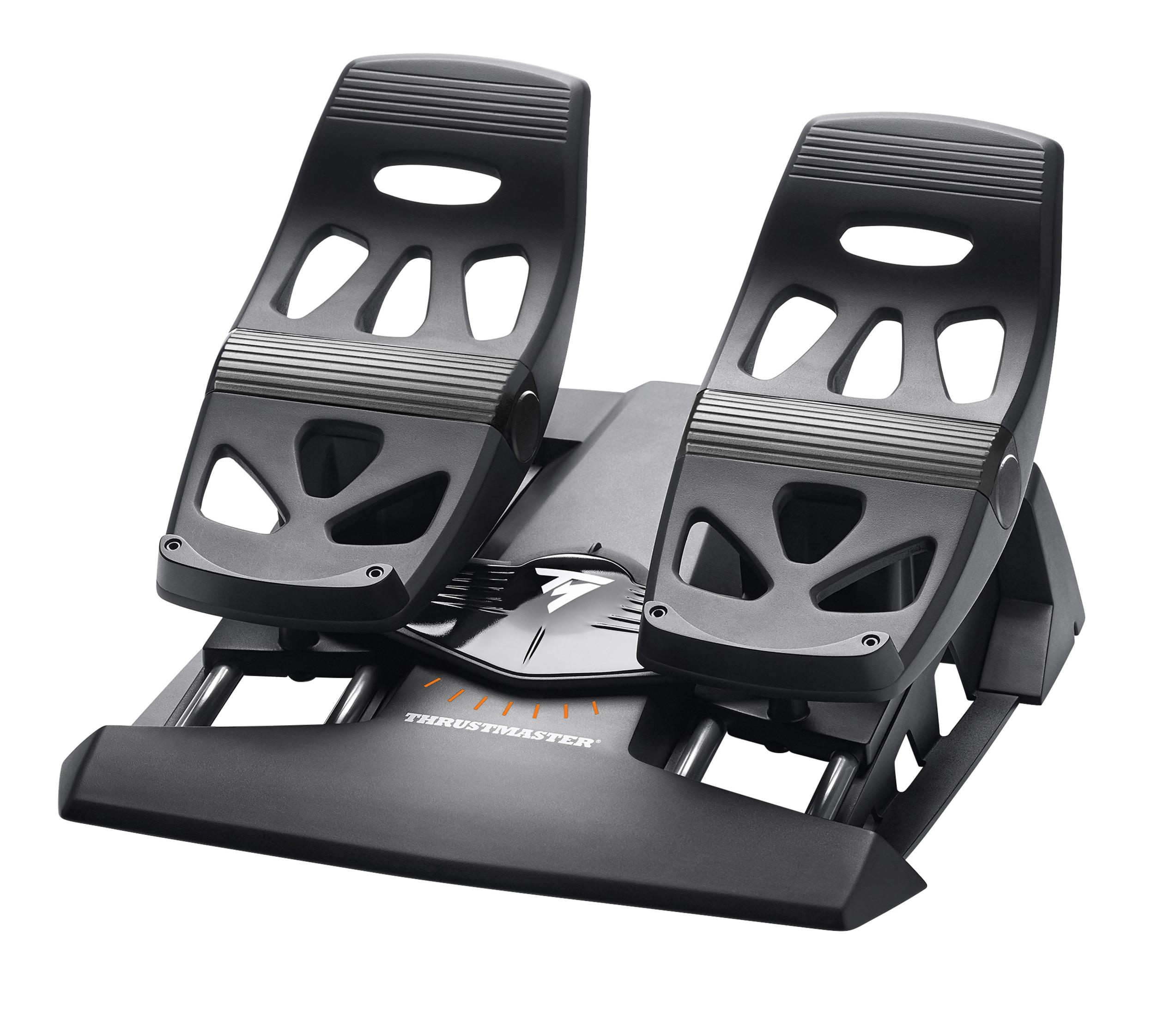Black Thrustmaster pedals for a flight simulator, set on a black base with an orange logo.
