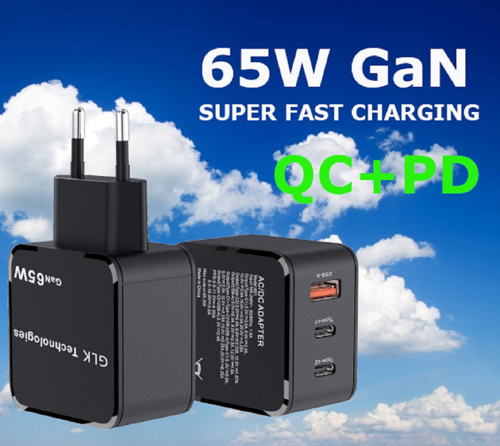 Schwarzes Ladegerät mit zwei USB-Anschlüssen und Text: 65W GaN, super schnelles Laden, QC+PD. Himmelshintergrund.