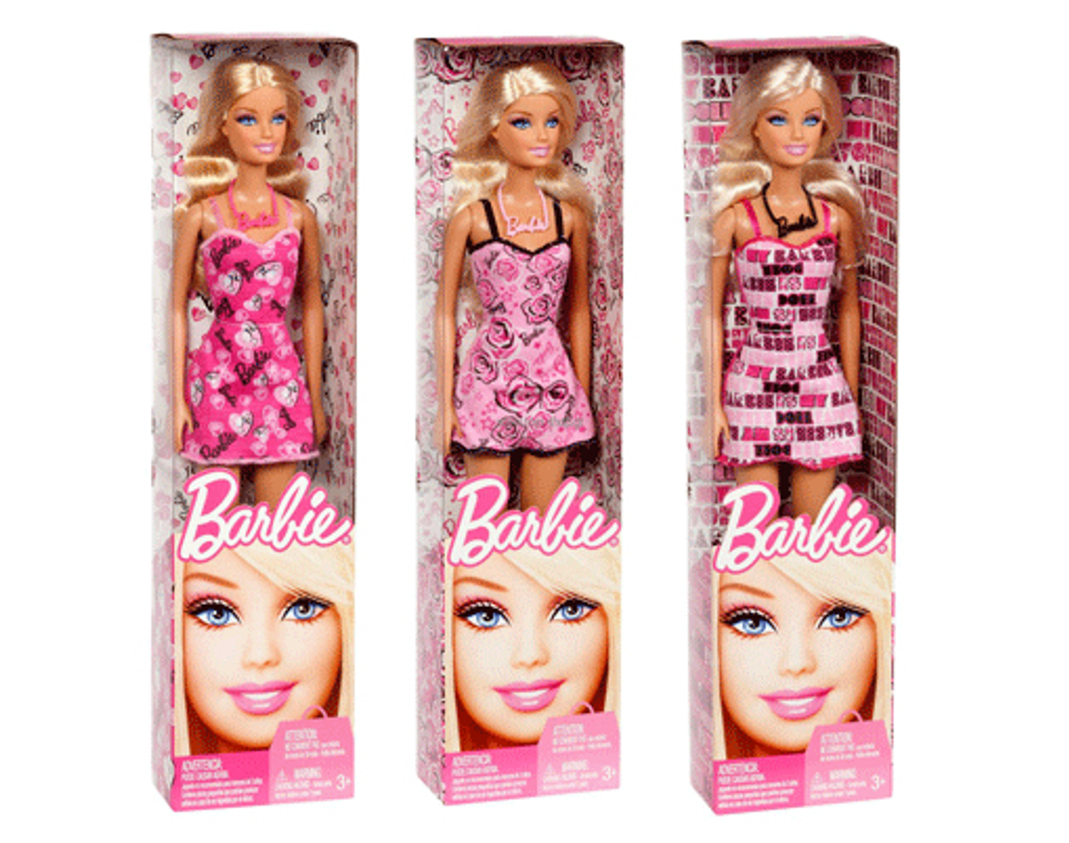 Drei Barbie-Puppen in Schachteln, blondes Haar, tragen verschiedene rosa Kleider.