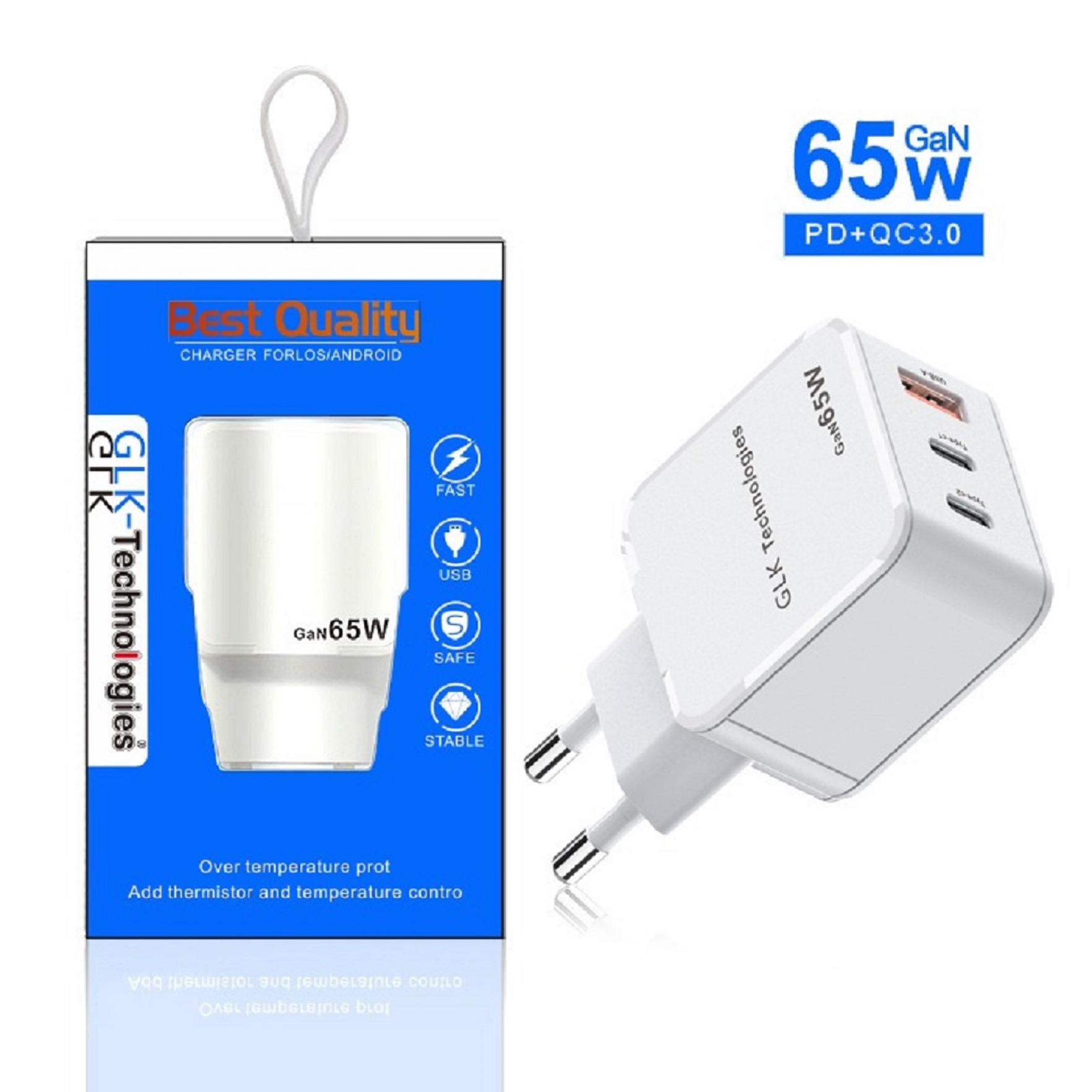 Ein weißes Ladegerät mit zwei USB-Anschlüssen und einem GaN 65W-Etikett, mit einer blauen Verpackung.