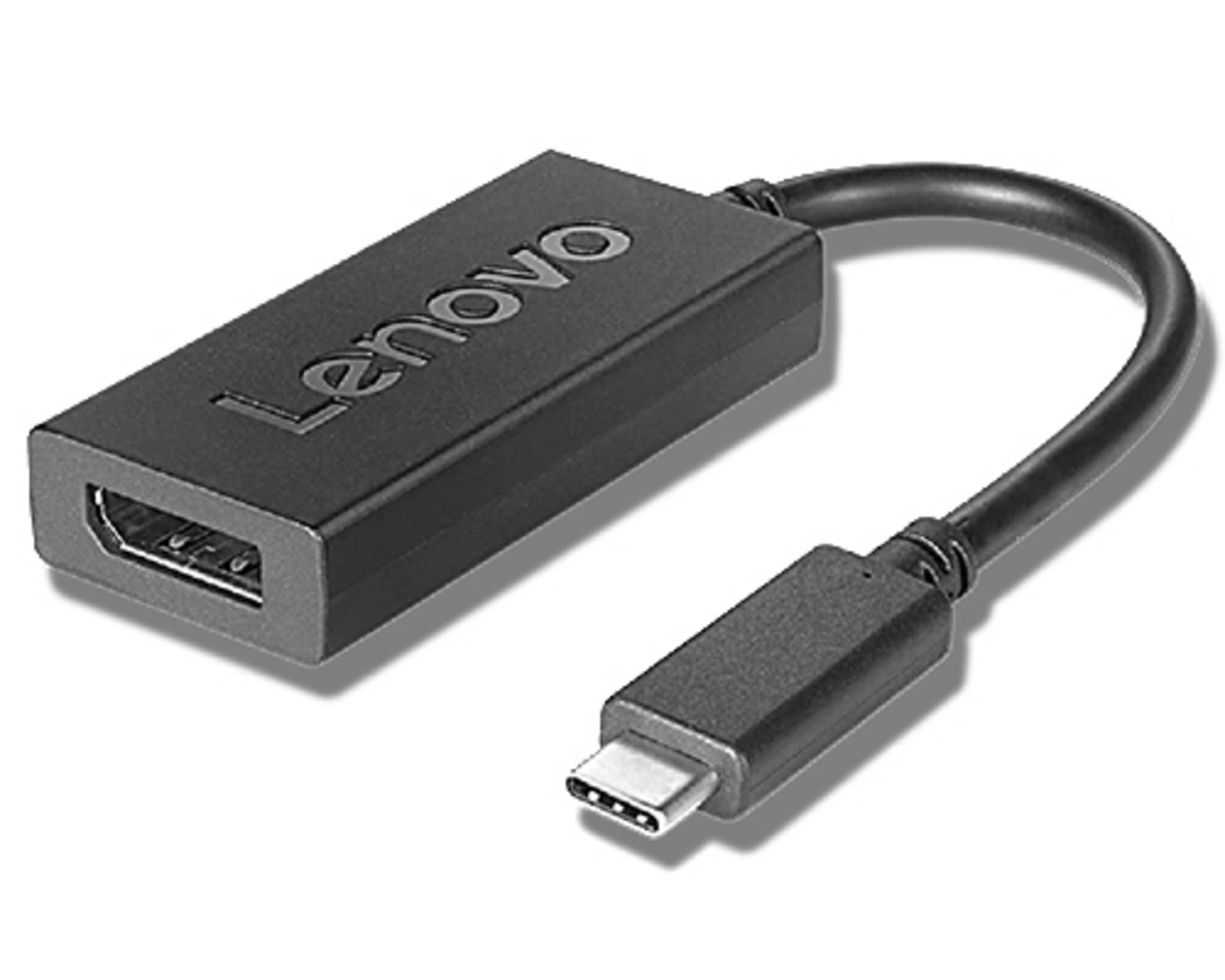 Schwarzer Lenovo USB-C-zu-HDMI-Adapter. Der Adapter hat ein schwarzes Kabel und einen USB-C- und HDMI-Anschluss.