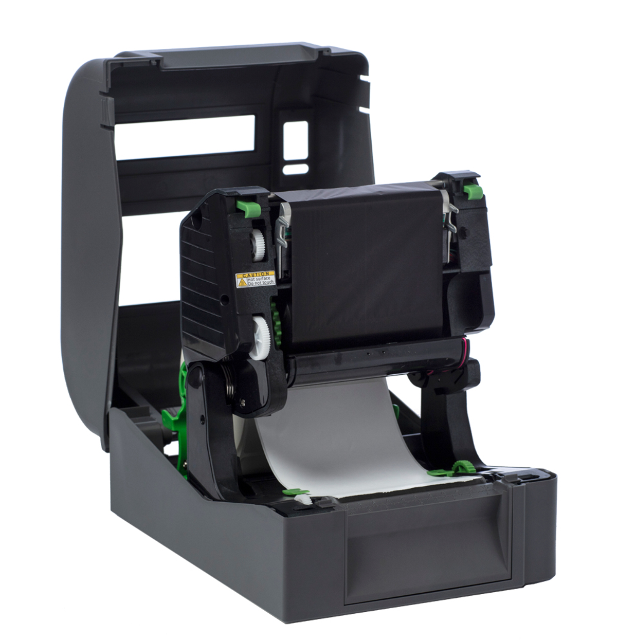 Otwarta czarno-szara drukarka etykiet. Rolka etykiet jest widoczna. Białe tło.