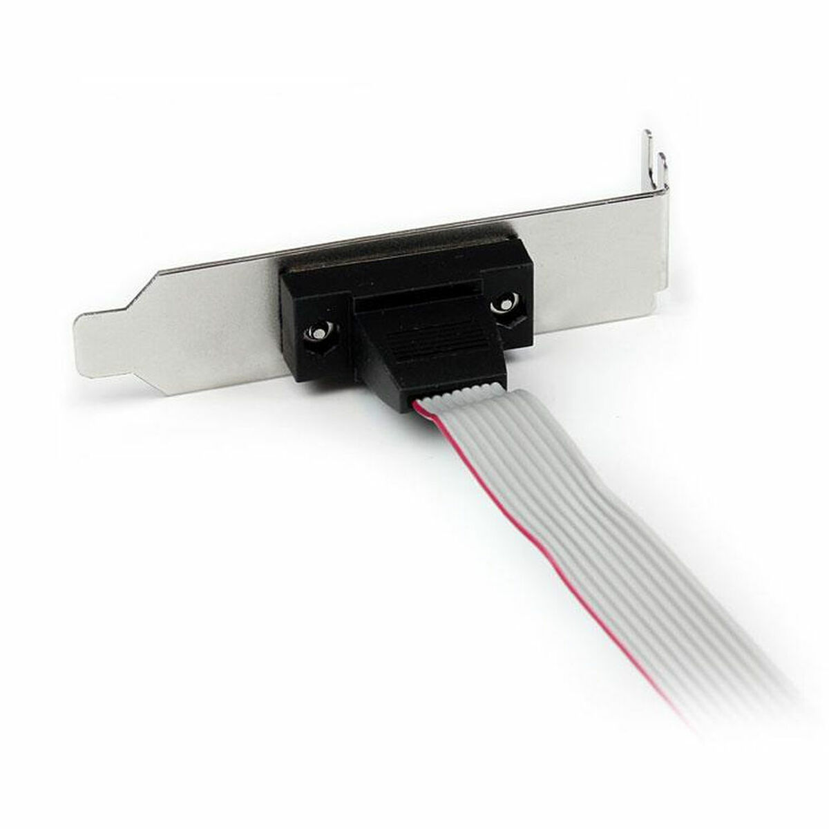 Silberne PC-Karte mit schwarzem Stecker und grauem Flachbandkabel auf weißem Untergrund.