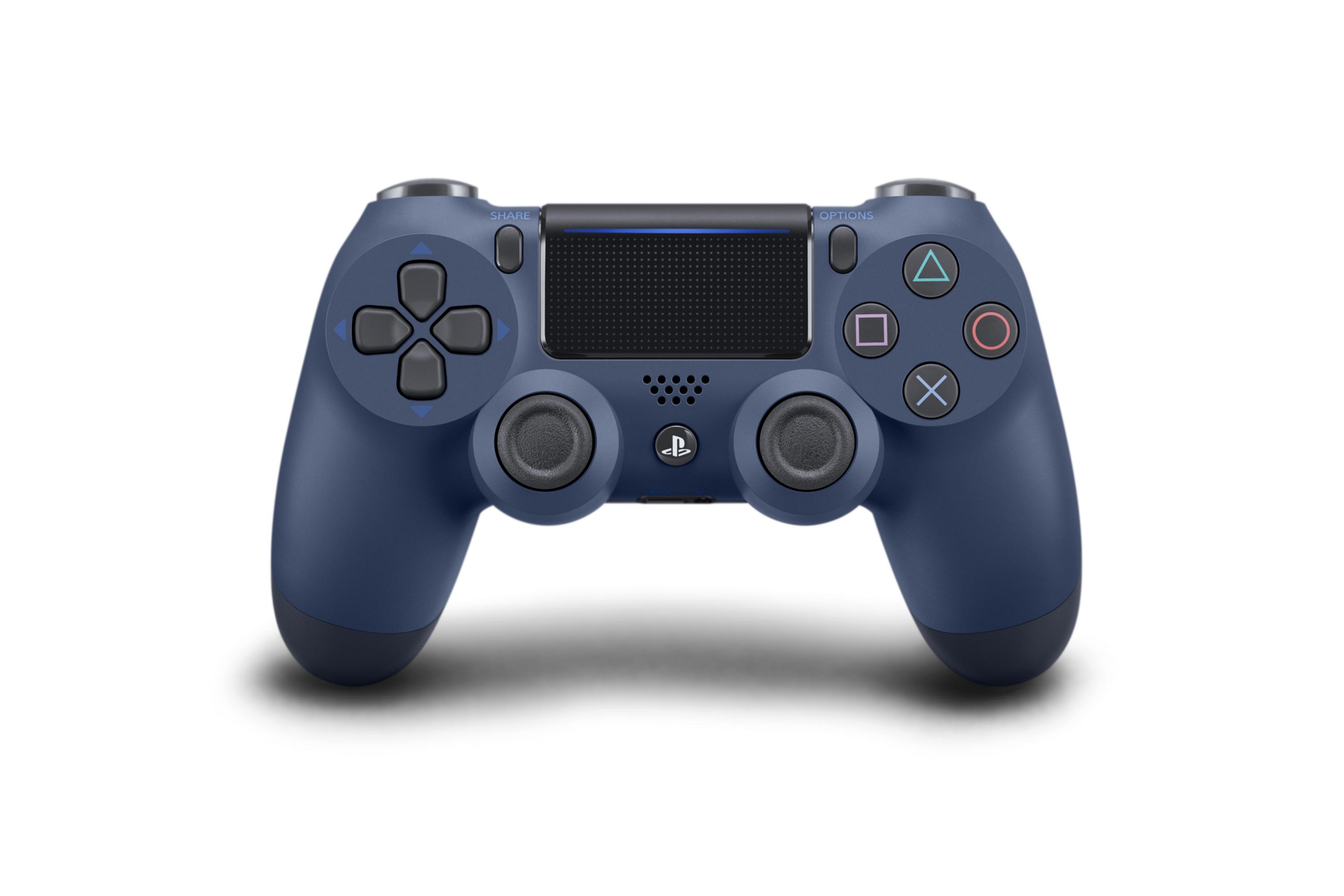 Blauer PlayStation 4-Controller auf Weiß. Mit Tasten, Joysticks und einem Touchpad.
