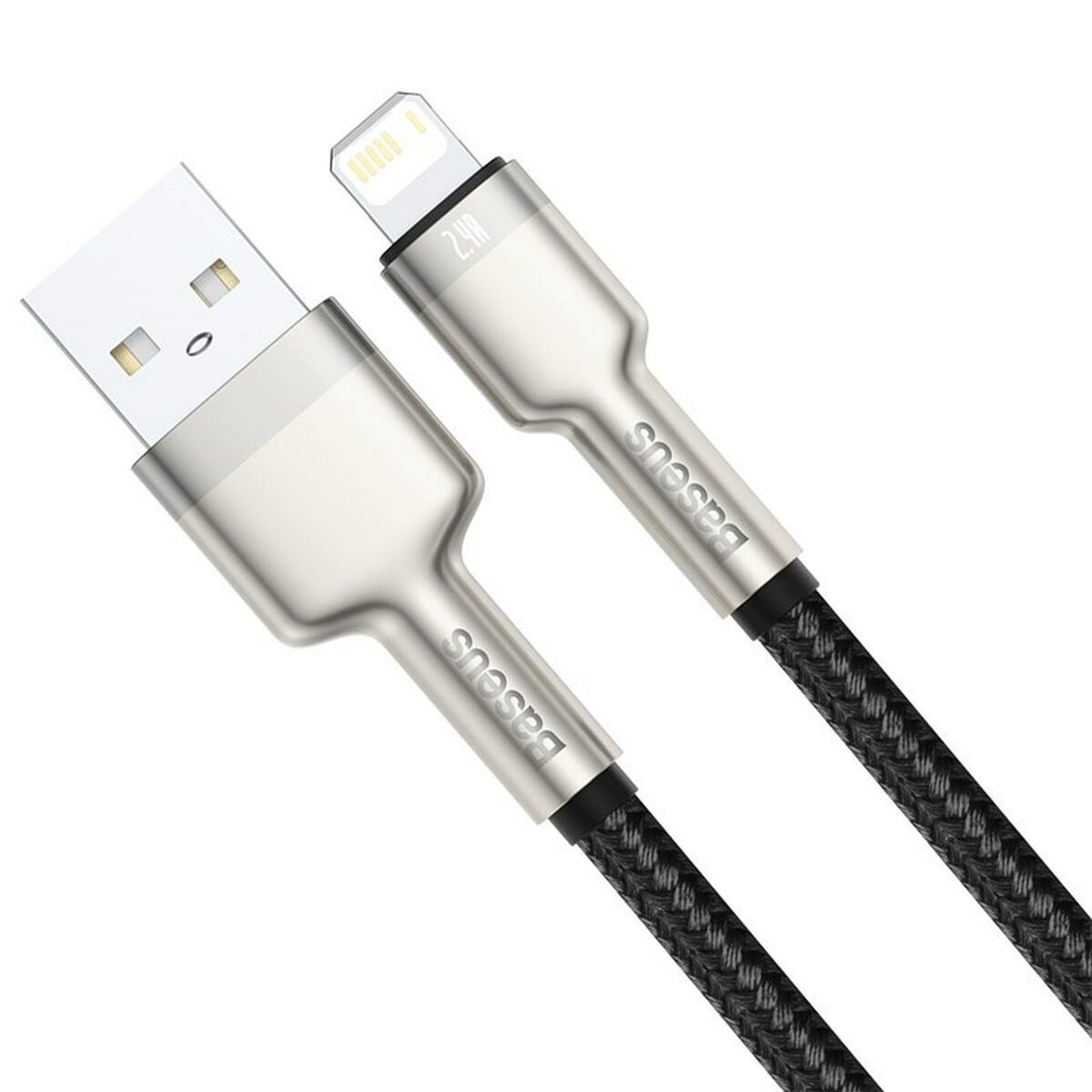 Kabel USB na Lightning. Złącza srebrne i czarne, z marką 'baseus'.
