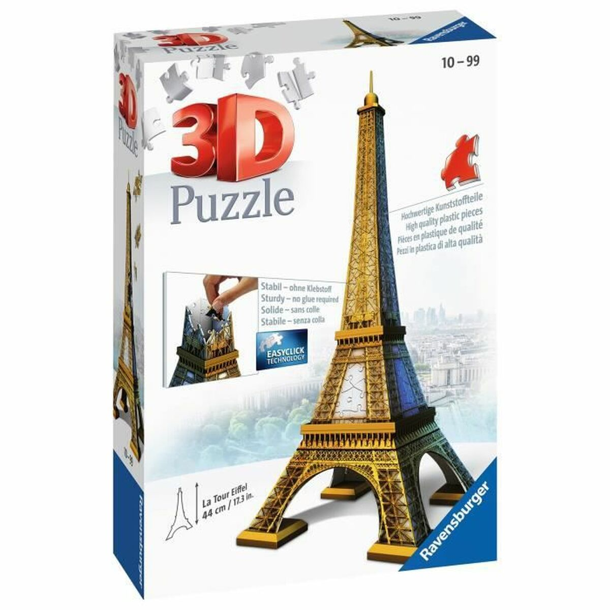 Pudełko z puzzlami 3D Wieża Eiffla, obraz zbudowanej Wieży Eiffla. Zawiera elementy.