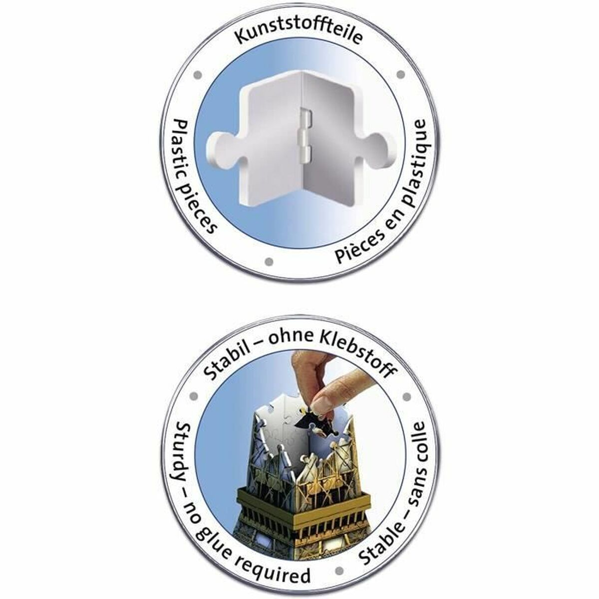 Dwa okrągłe diagramy pokazują plastikowe elementy układanki i miniaturową wieżę Eiffla.