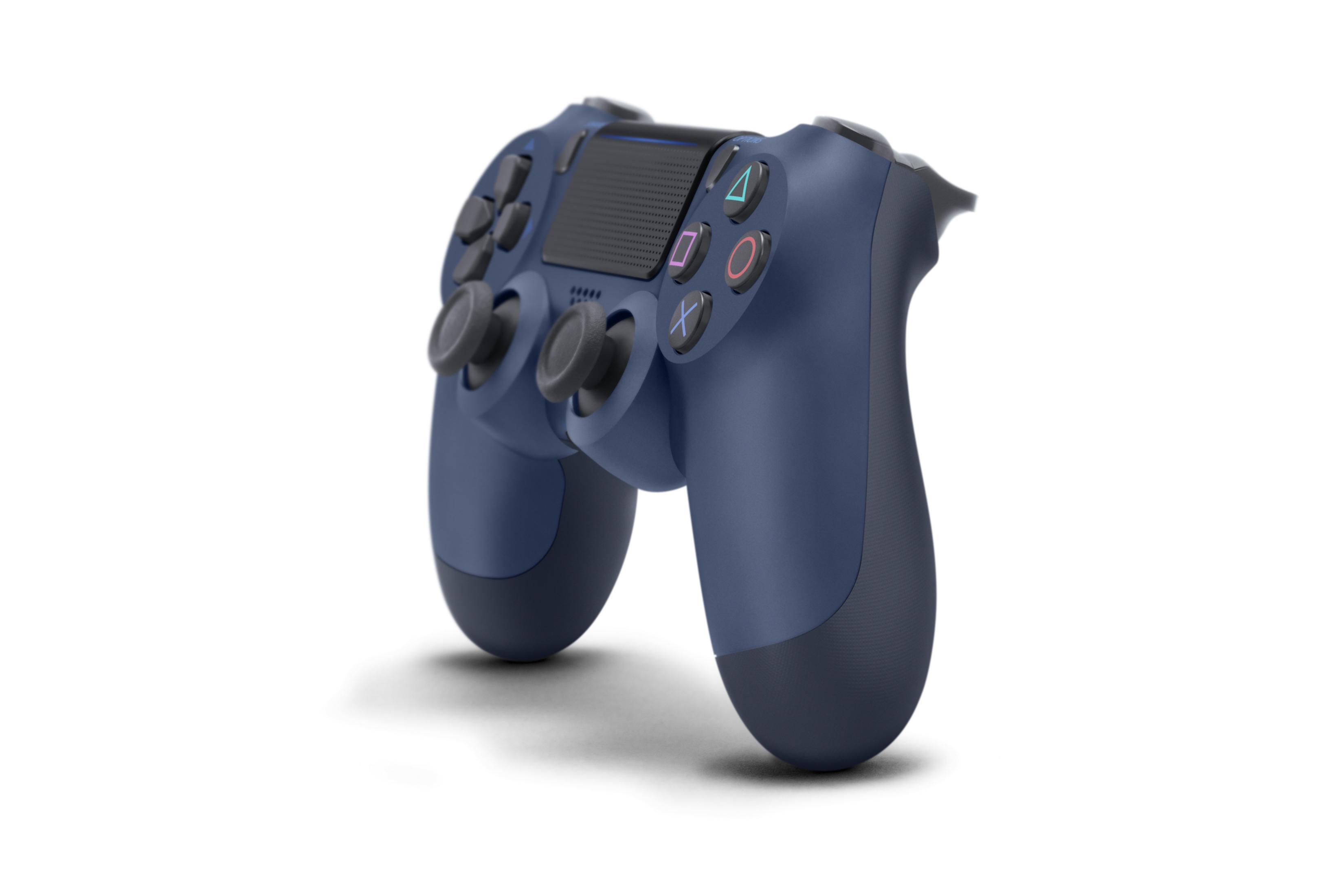 Marineblauer Playstation 4-Controller auf weißem Hintergrund. Knöpfe und Joysticks sind sichtbar.